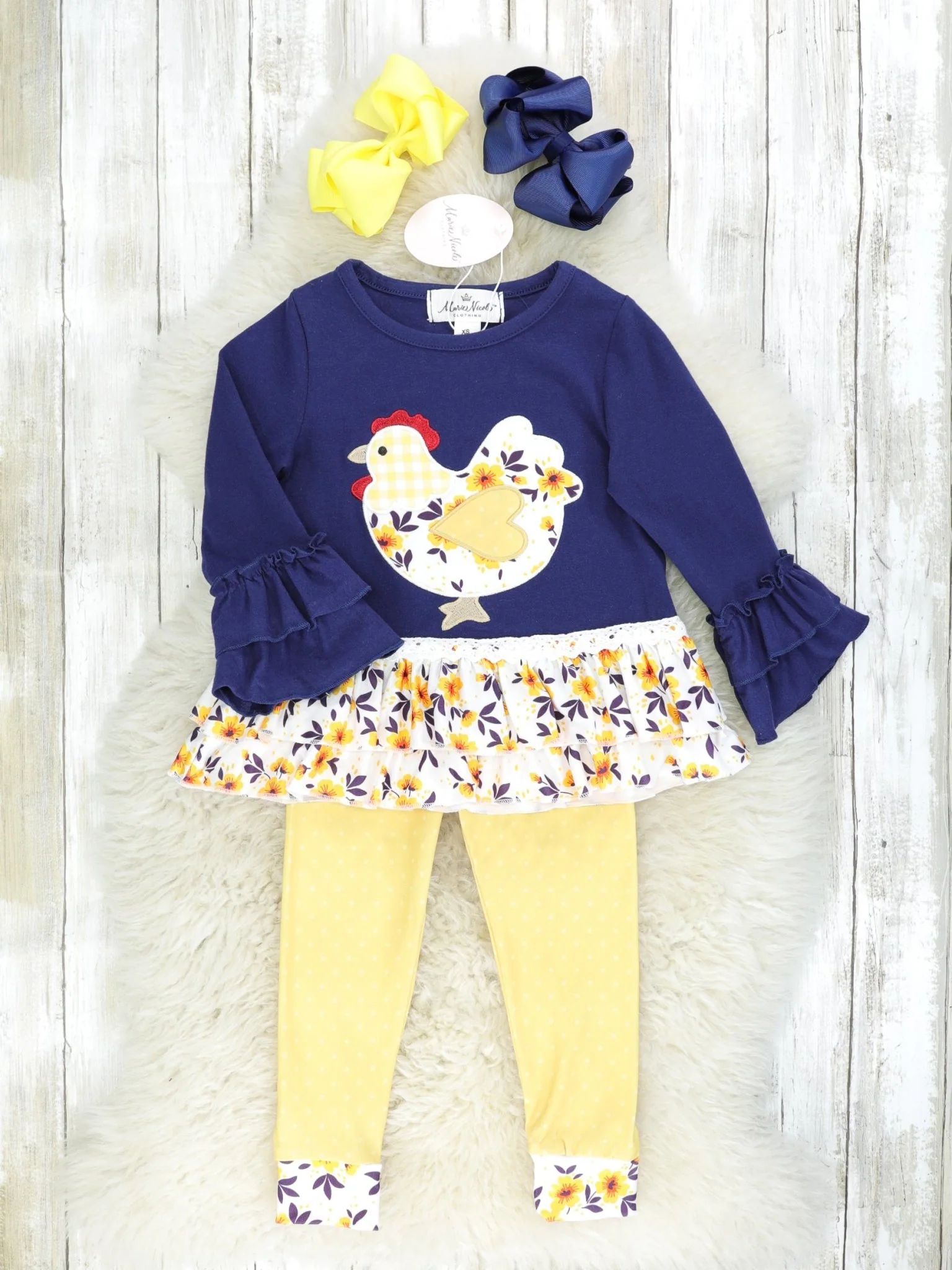 Navy Floral Chicken Ruffle Top & Yellow Bottoms Outfit