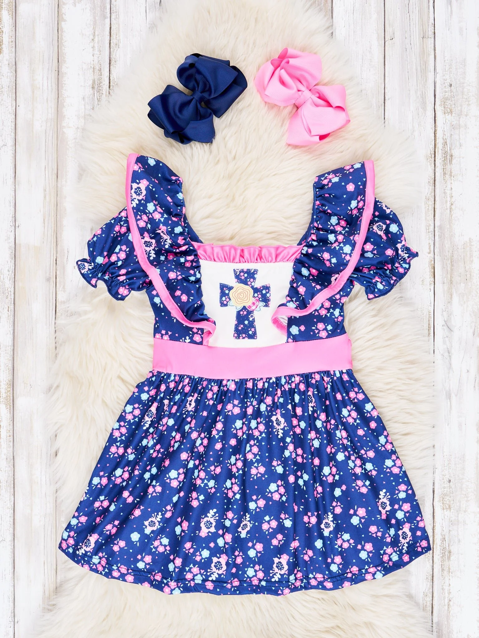 Navy Floral Cross Ruffle Dress