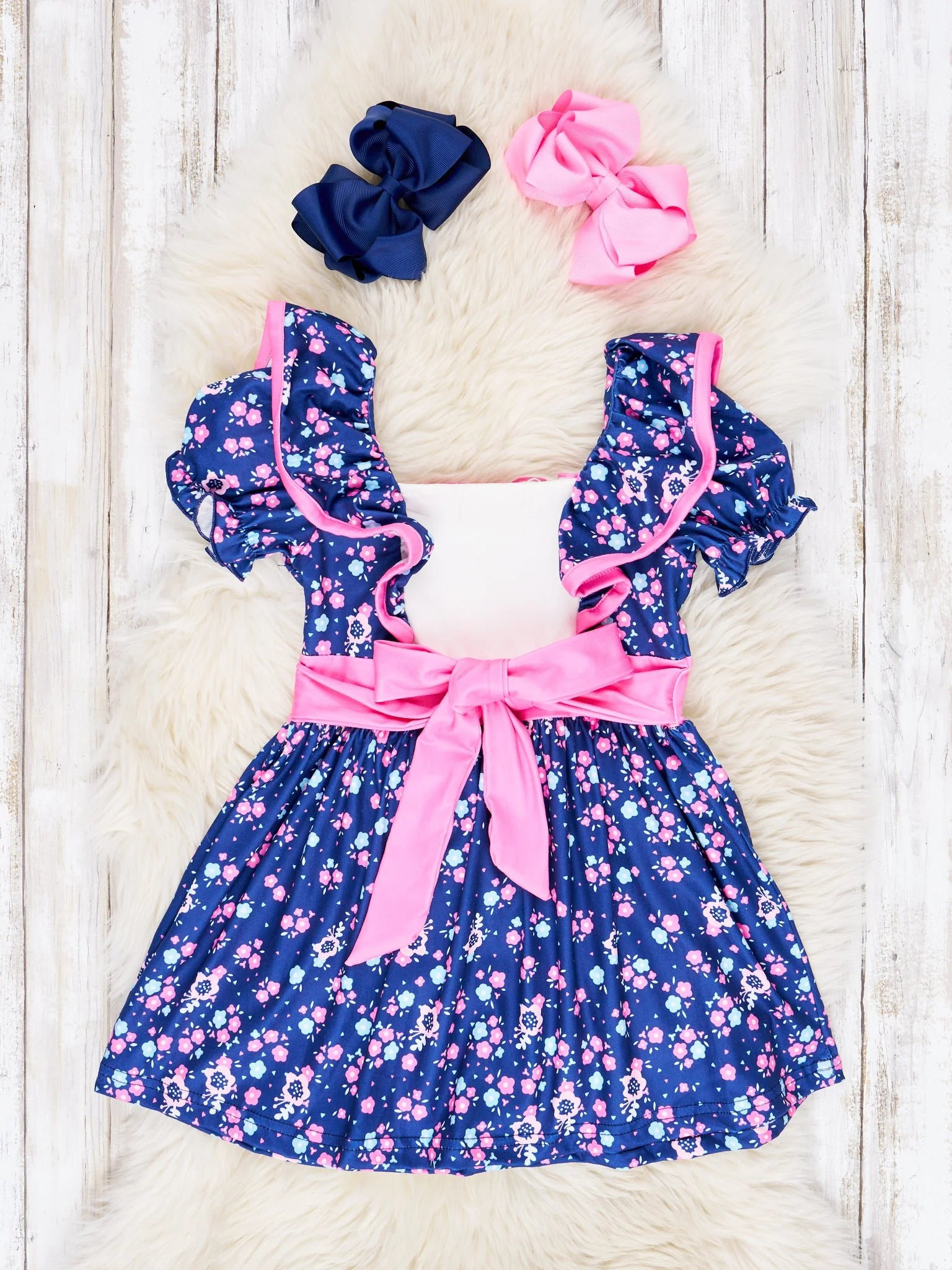 Navy Floral Cross Ruffle Dress - Image 2