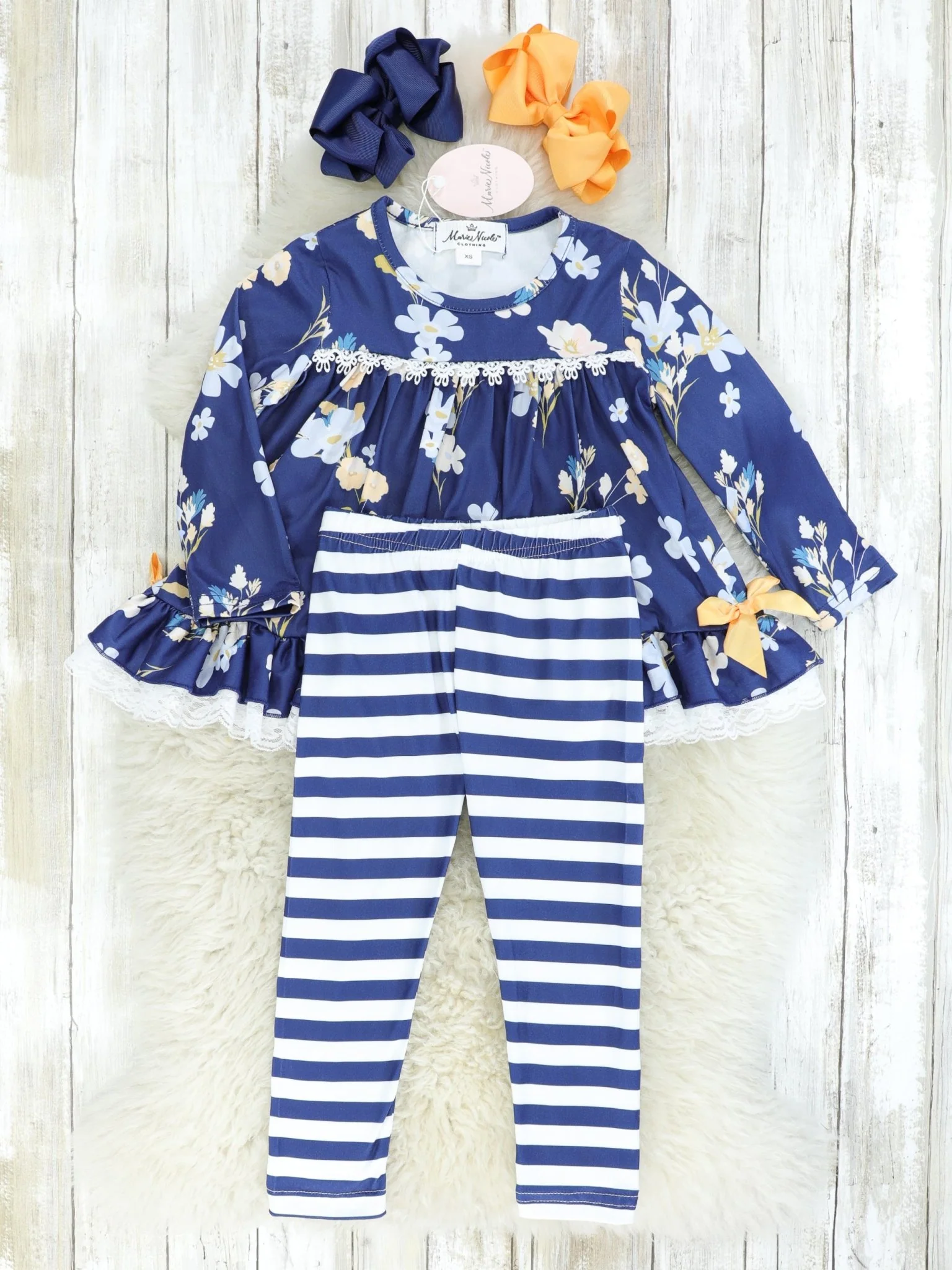 Navy Floral Lace Ruffle Tunic & Striped Bottoms Outfit - Image 2