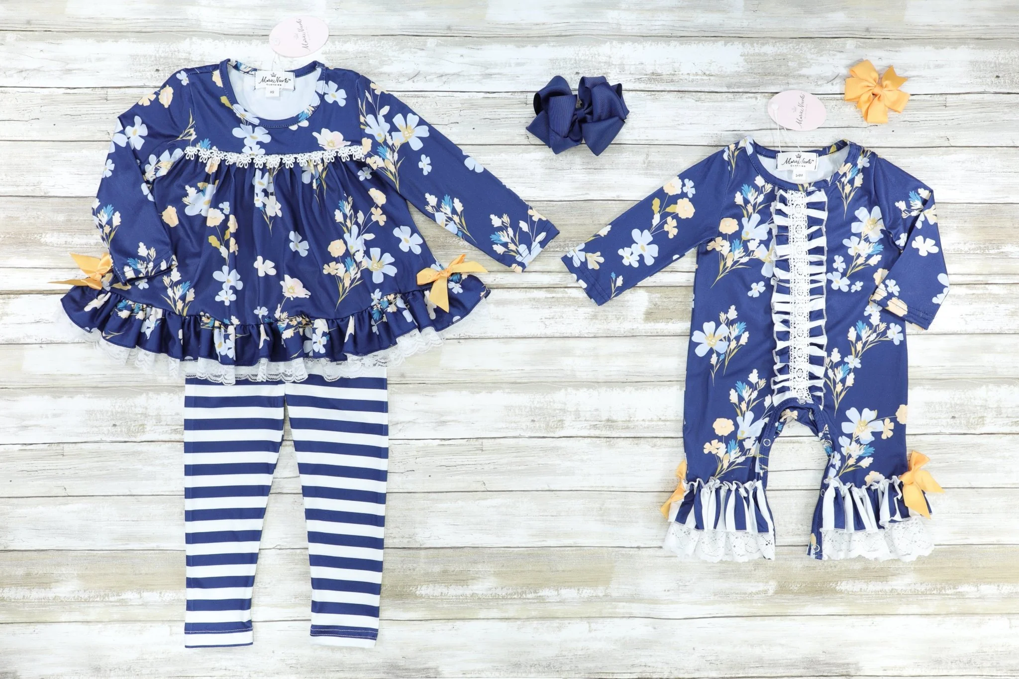Navy Floral Lace Ruffle Tunic & Striped Bottoms Outfit - Image 3