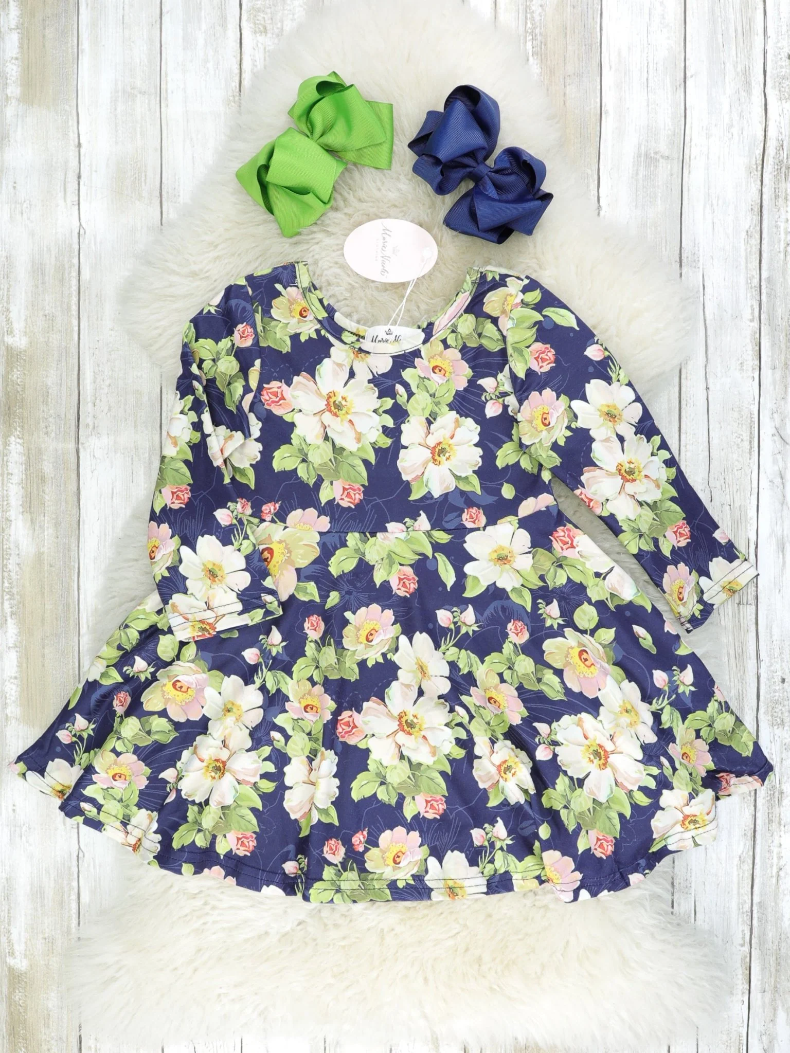 Navy Floral Long Sleeve Swing Dress