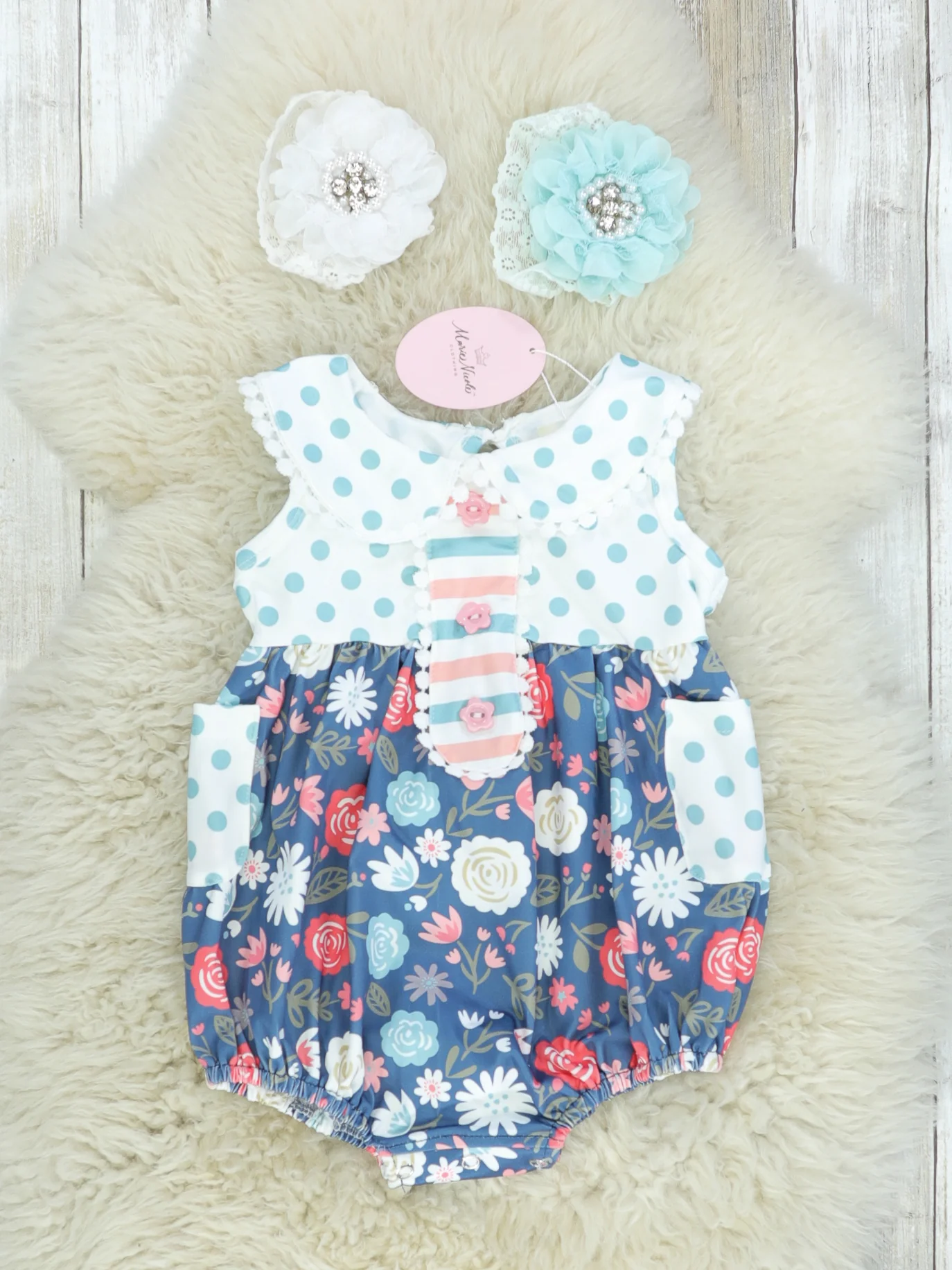 Navy Floral Polka Dotted Bubble Romper