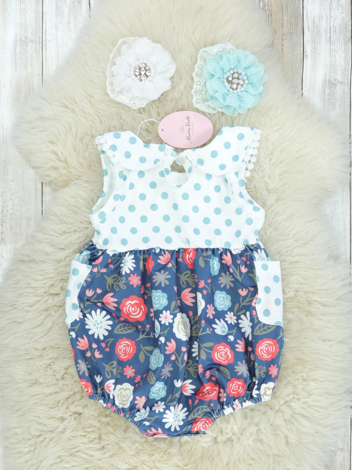 Navy Floral Polka Dotted Bubble Romper - Image 2