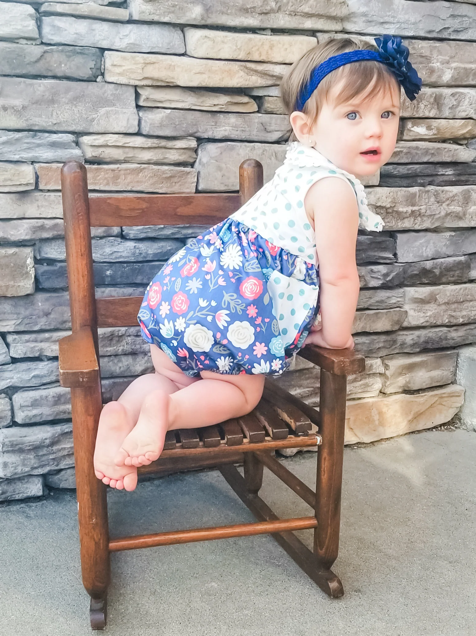 Navy Floral Polka Dotted Bubble Romper - Image 6