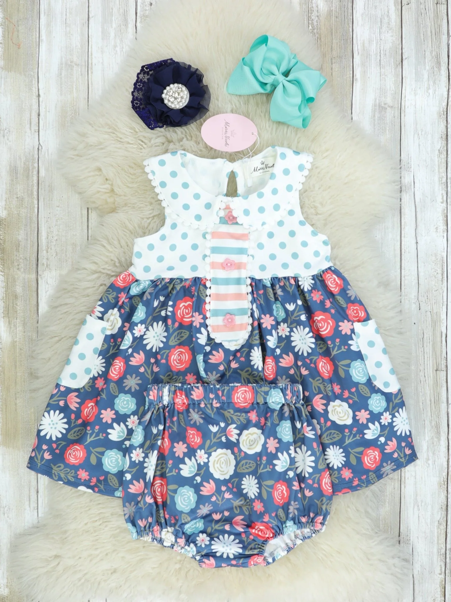 Navy Floral Polka Dotted Dress - Image 2