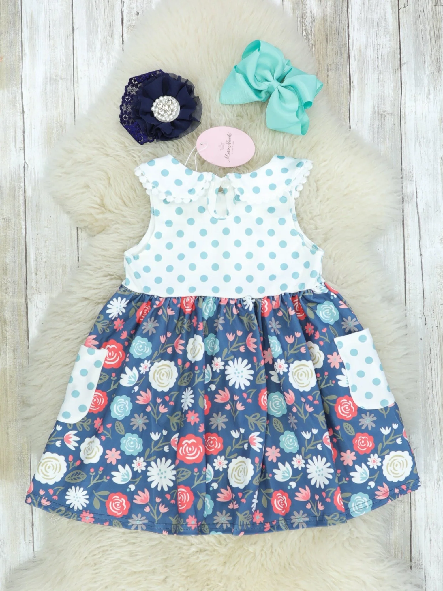 Navy Floral Polka Dotted Dress - Image 3