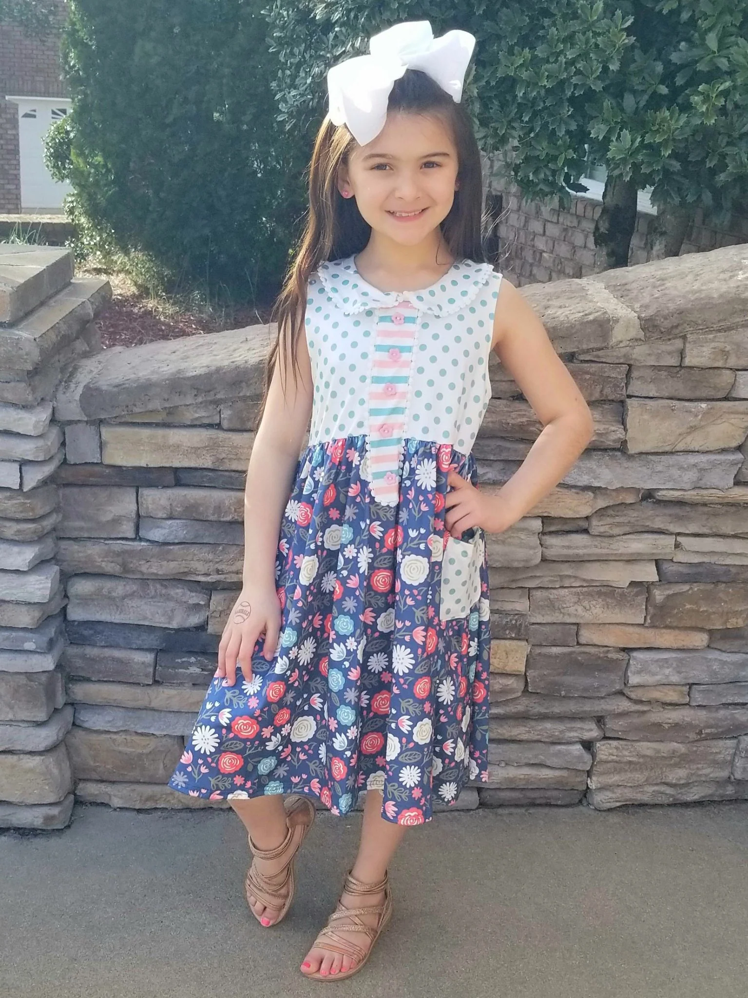Navy Floral Polka Dotted Dress - Image 5