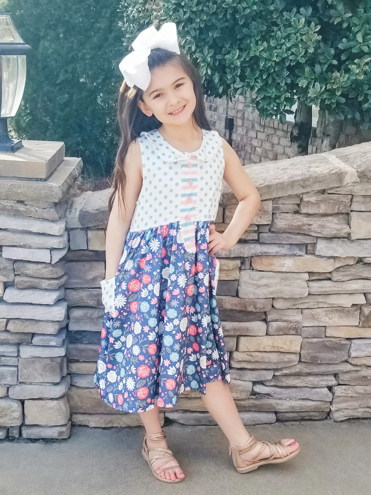 Navy Floral Polka Dotted Dress - Image 6