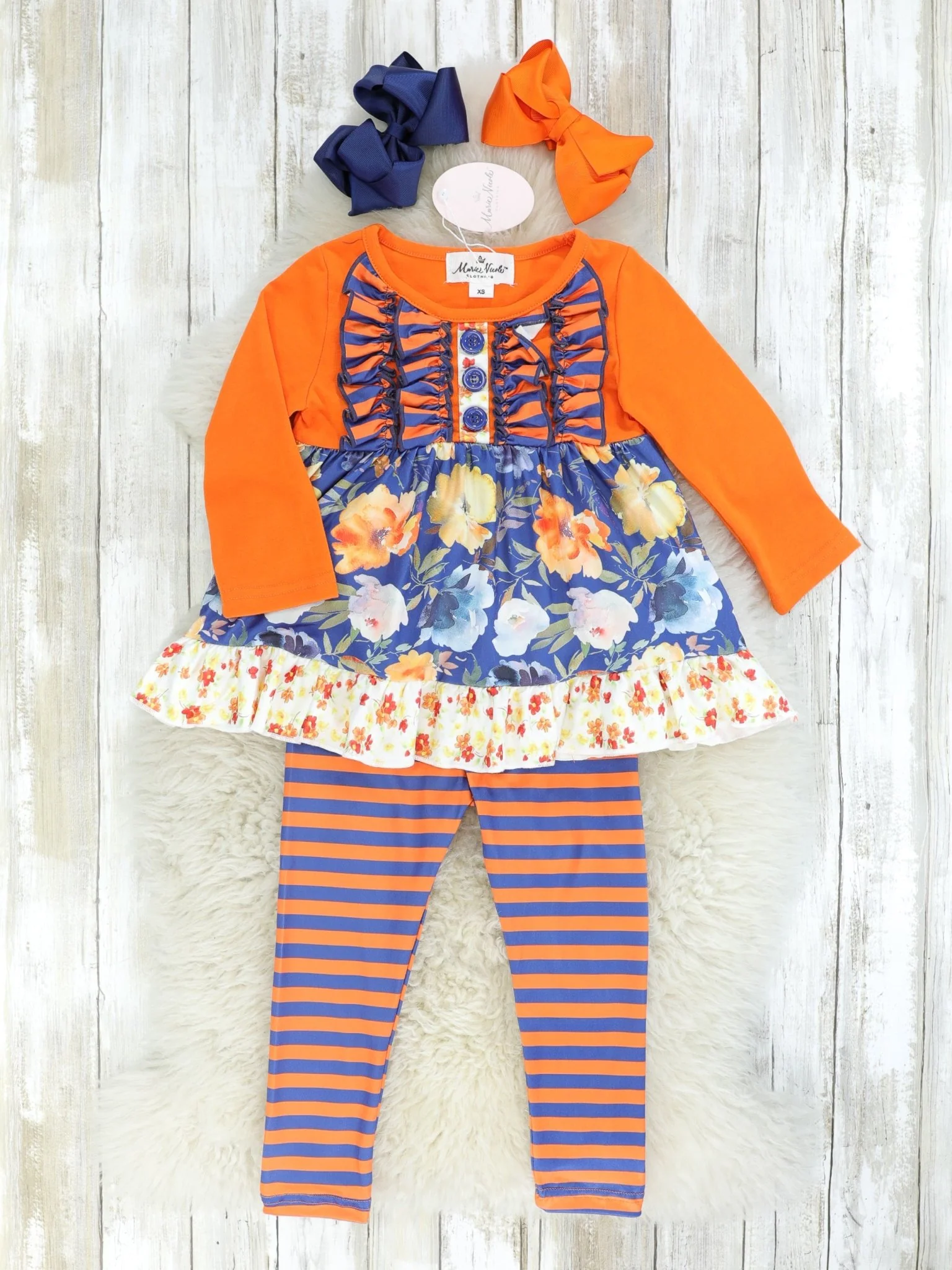 Navy Floral Ruffle Tunic & Orange Striped Bottoms Outfit