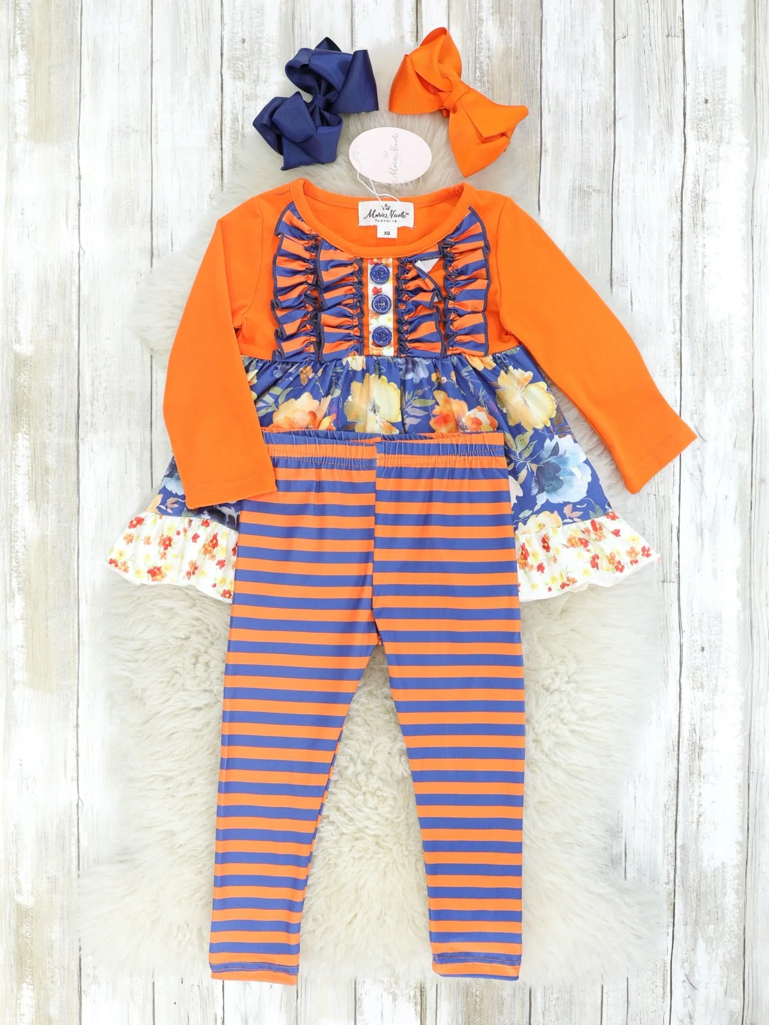 Navy Floral Ruffle Tunic & Orange Striped Bottoms Outfit - Image 2