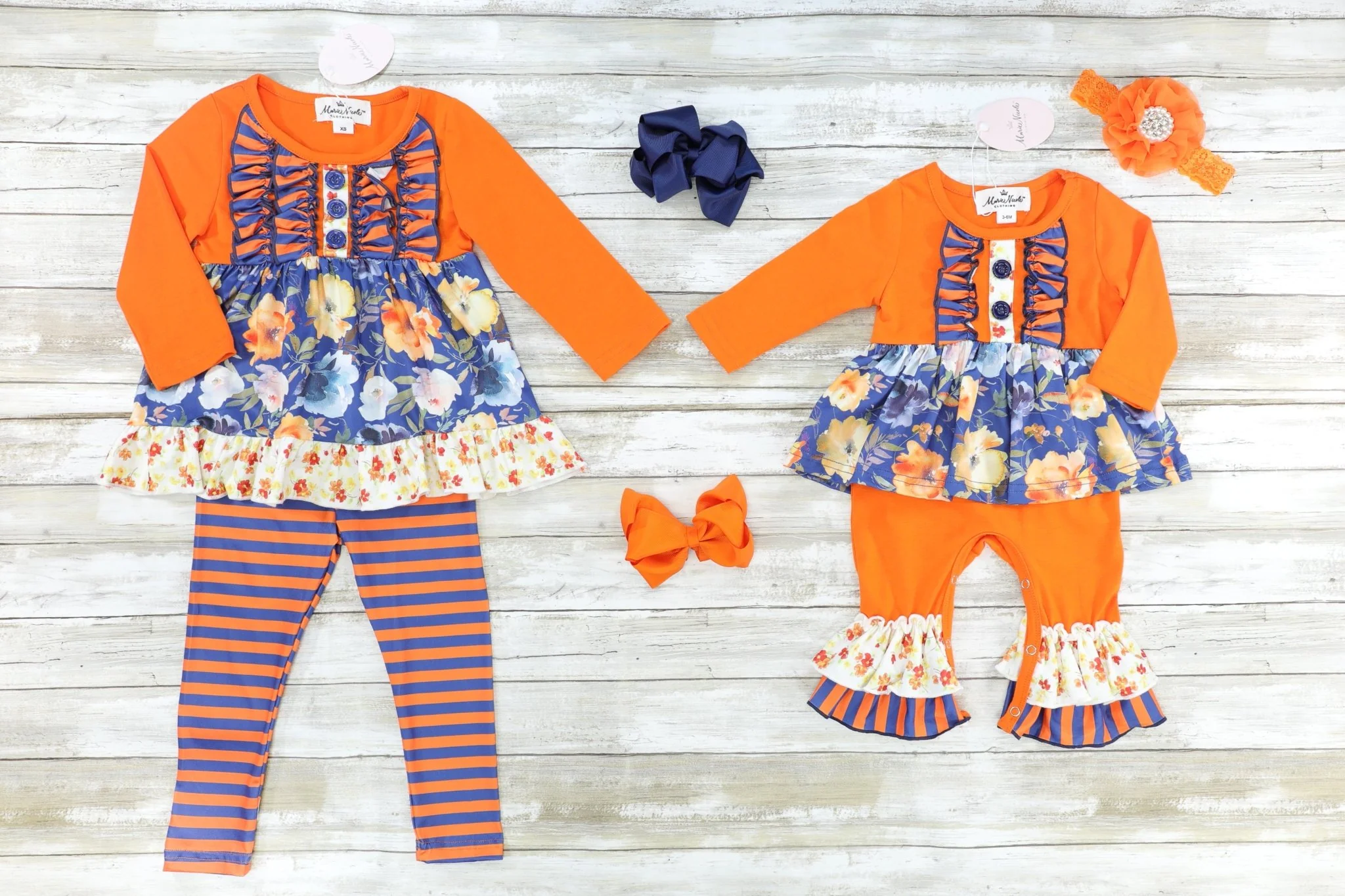 Navy Floral Ruffle Tunic & Orange Striped Bottoms Outfit - Image 3