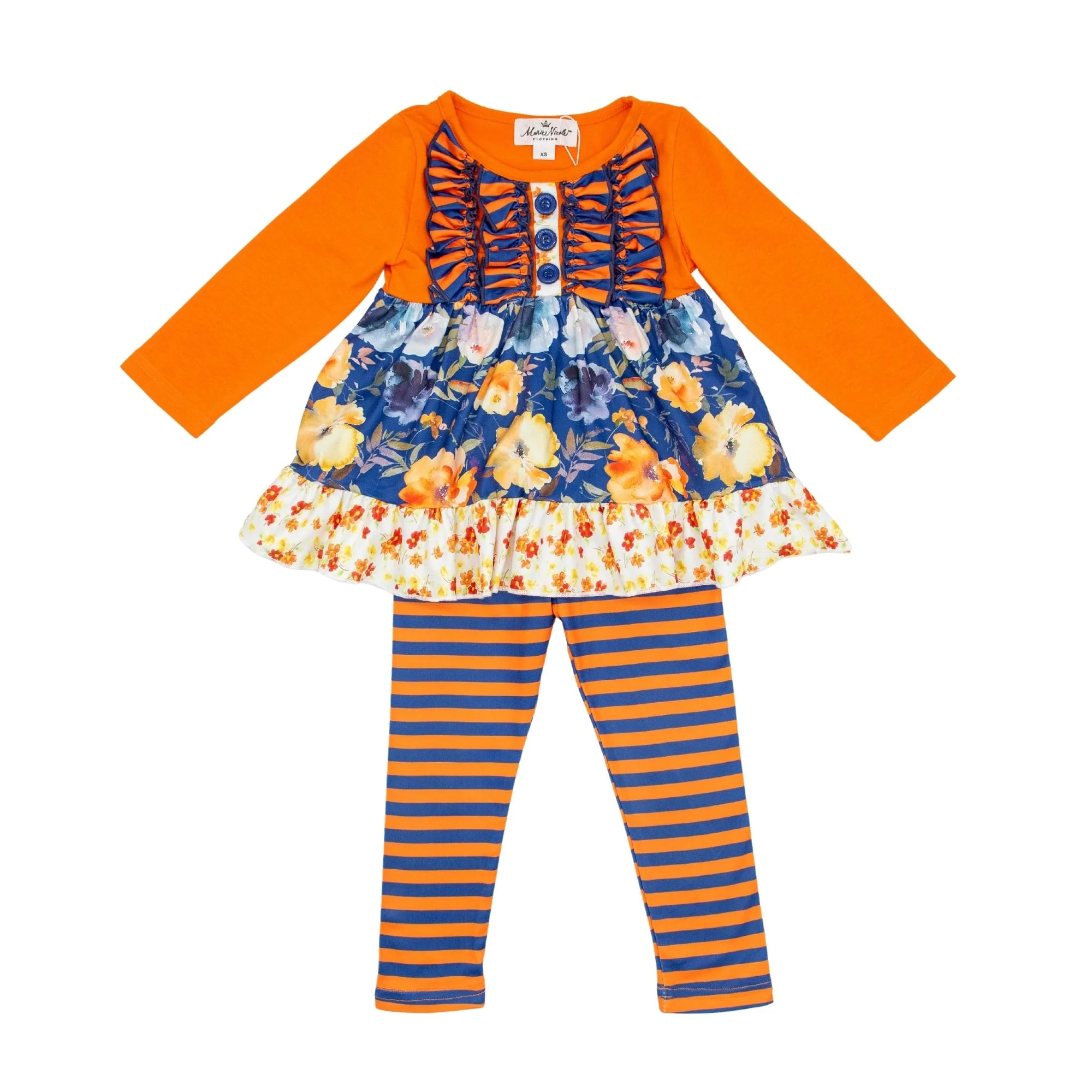 Navy Floral Ruffle Tunic & Orange Striped Bottoms Outfit - Image 4
