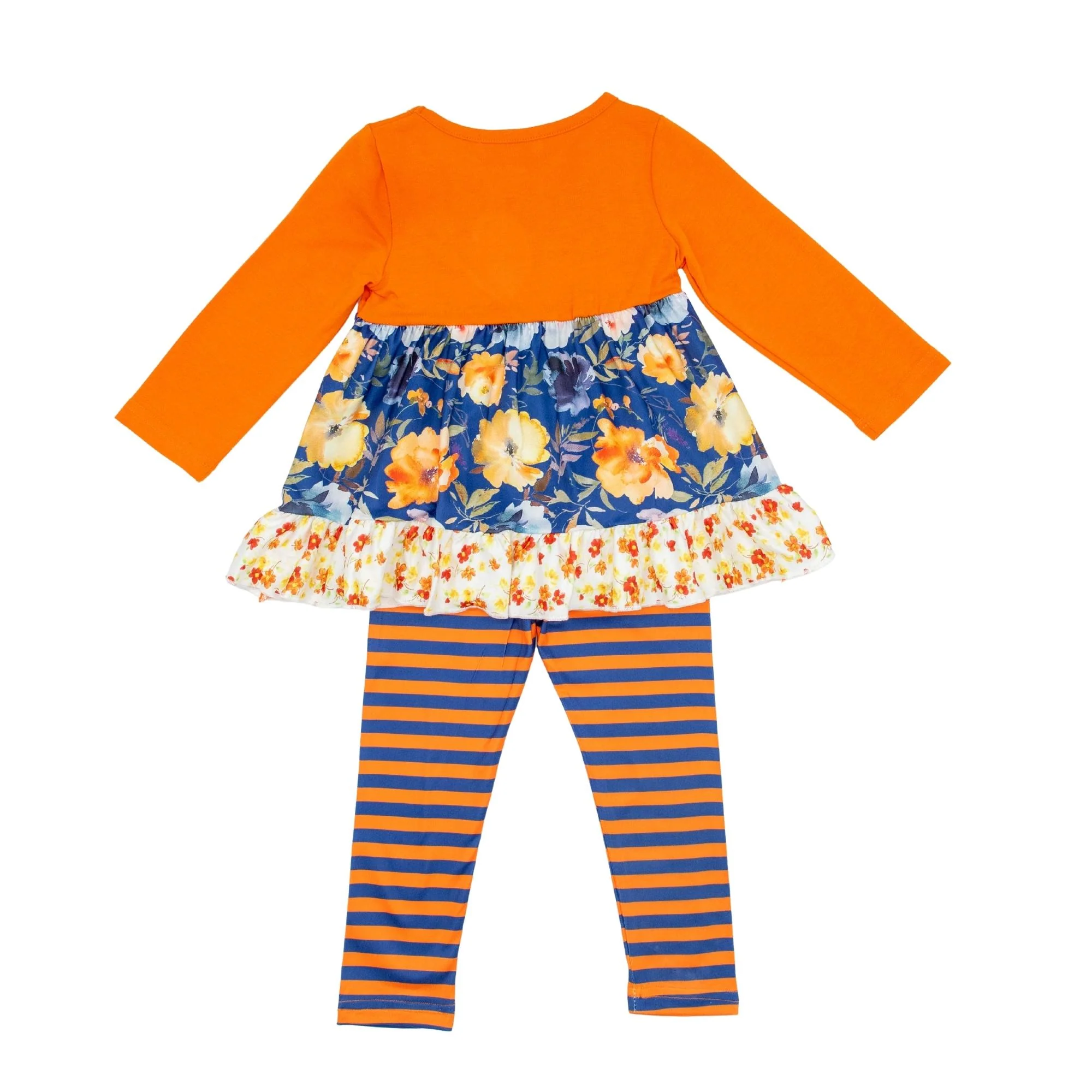 Navy Floral Ruffle Tunic & Orange Striped Bottoms Outfit - Image 5