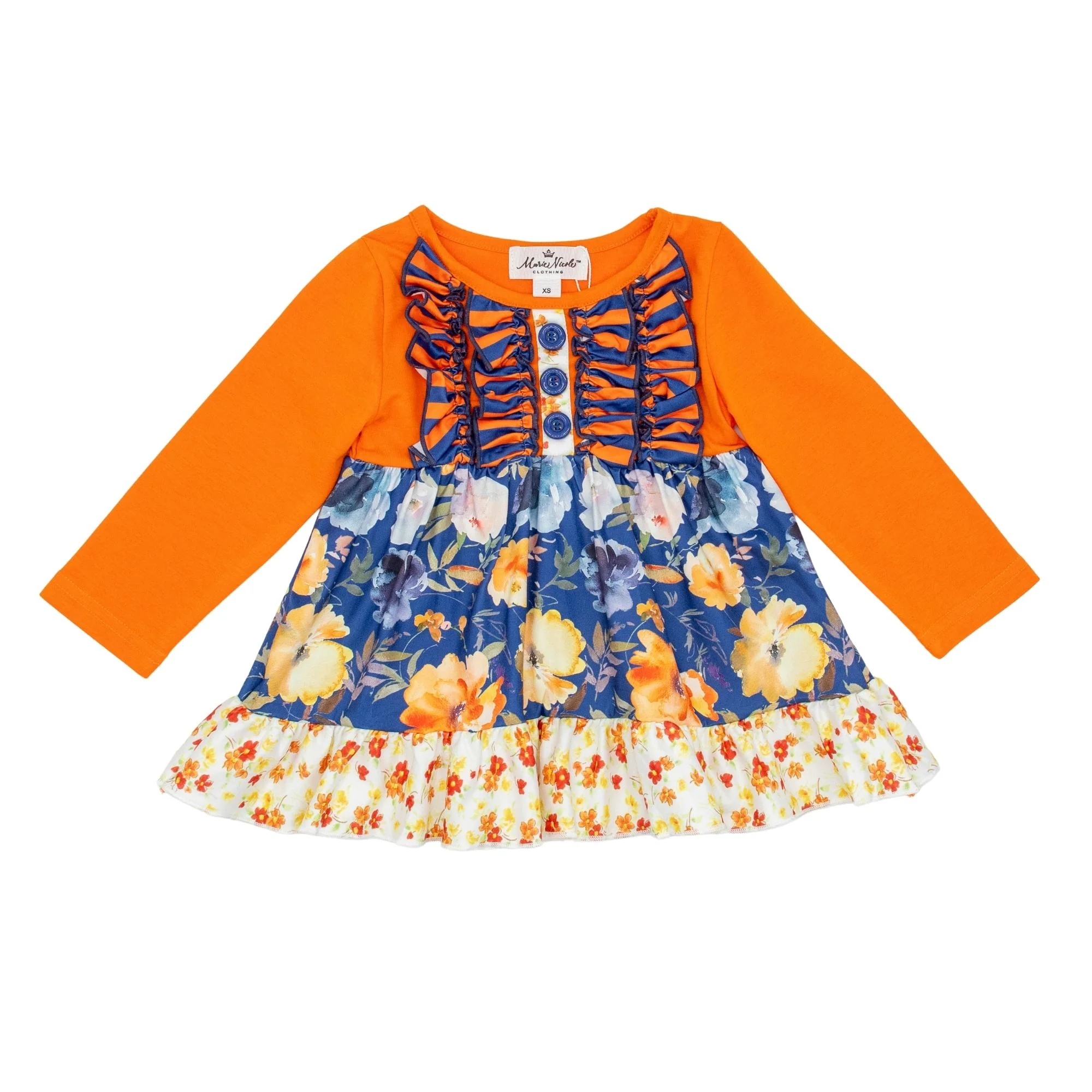 Navy Floral Ruffle Tunic & Orange Striped Bottoms Outfit - Image 6