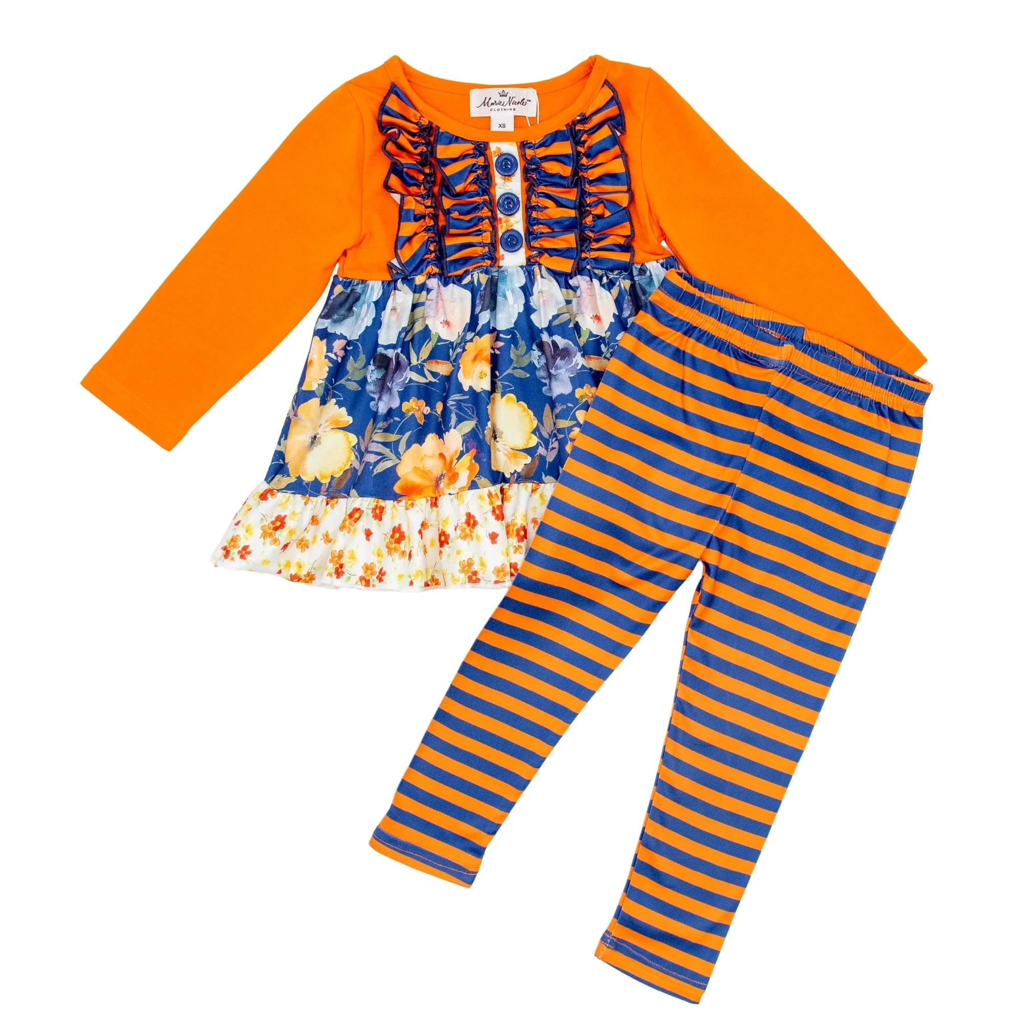Navy Floral Ruffle Tunic & Orange Striped Bottoms Outfit - Image 8
