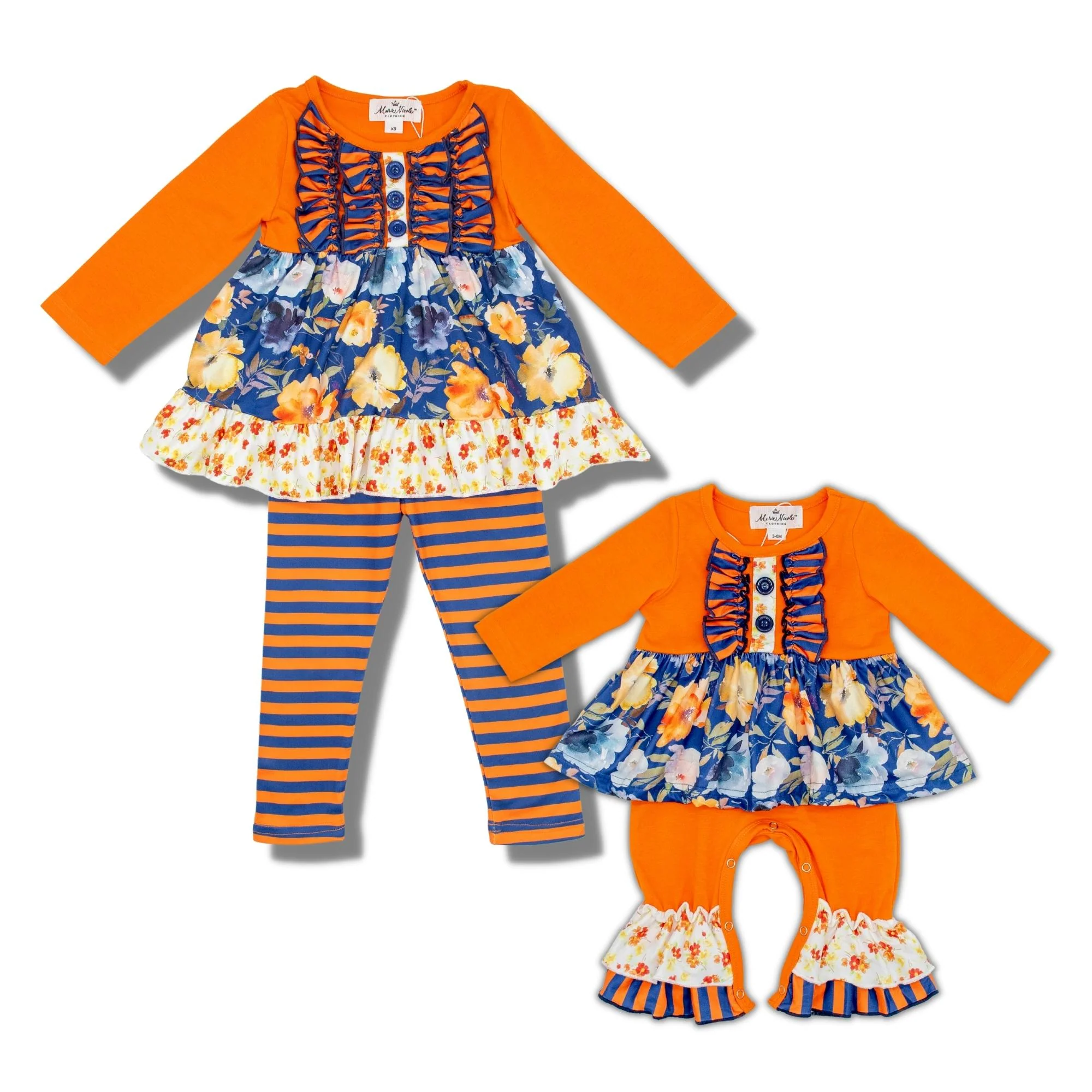Navy Floral Ruffle Tunic & Orange Striped Bottoms Outfit - Image 9