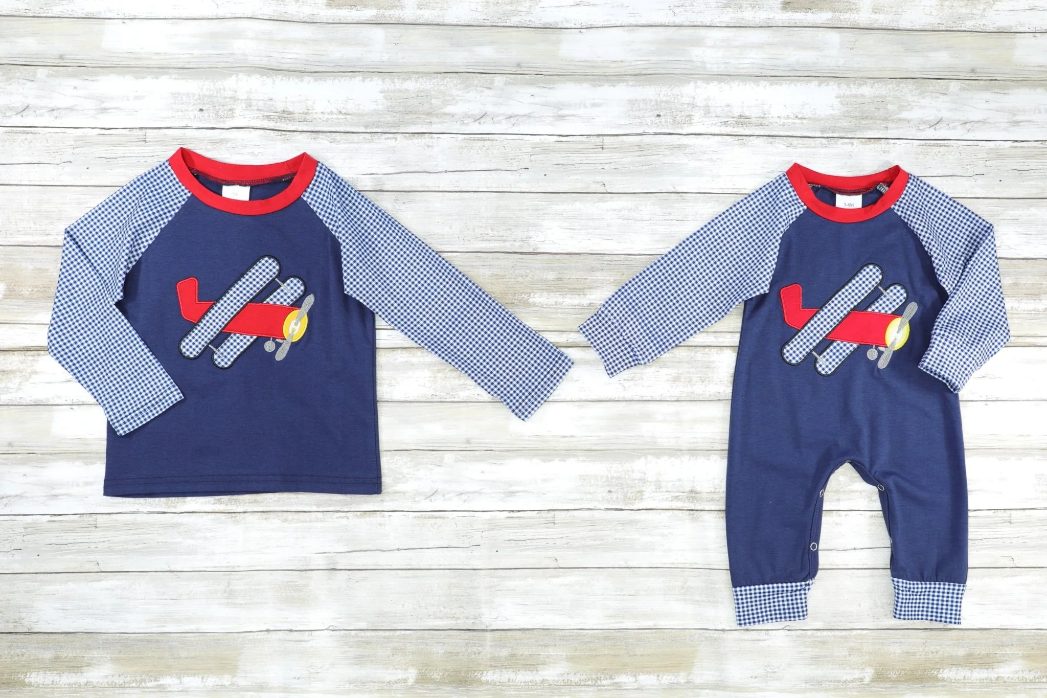 Navy Gingham Airplane Raglan Romper - Image 2
