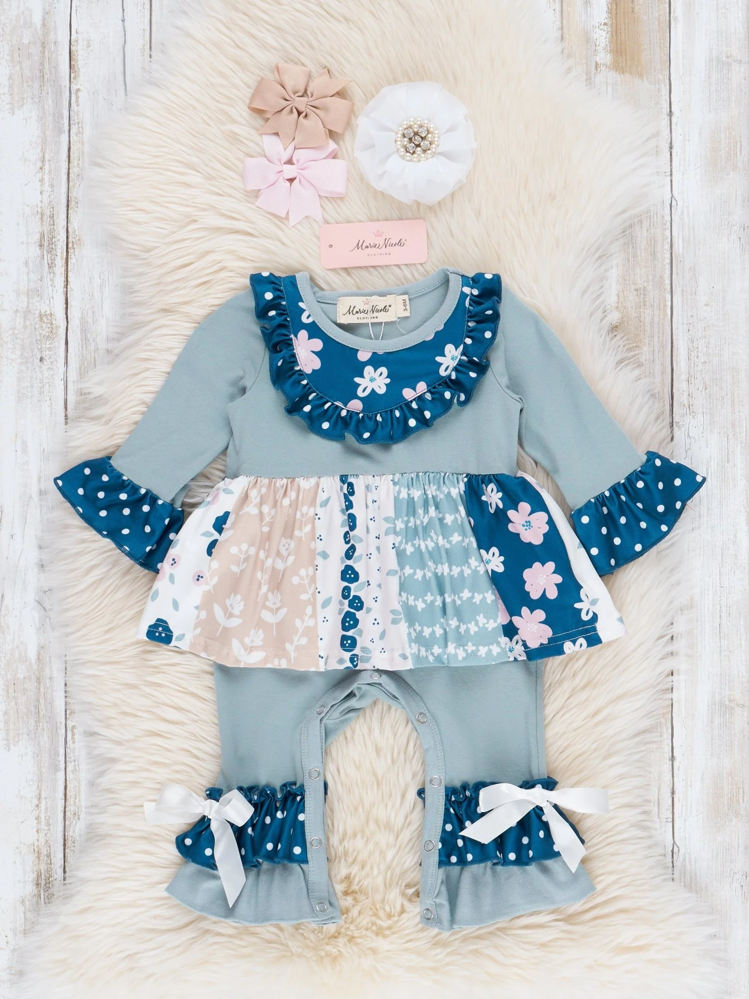 Navy & Grey Doodle Garden Ruffle Romper