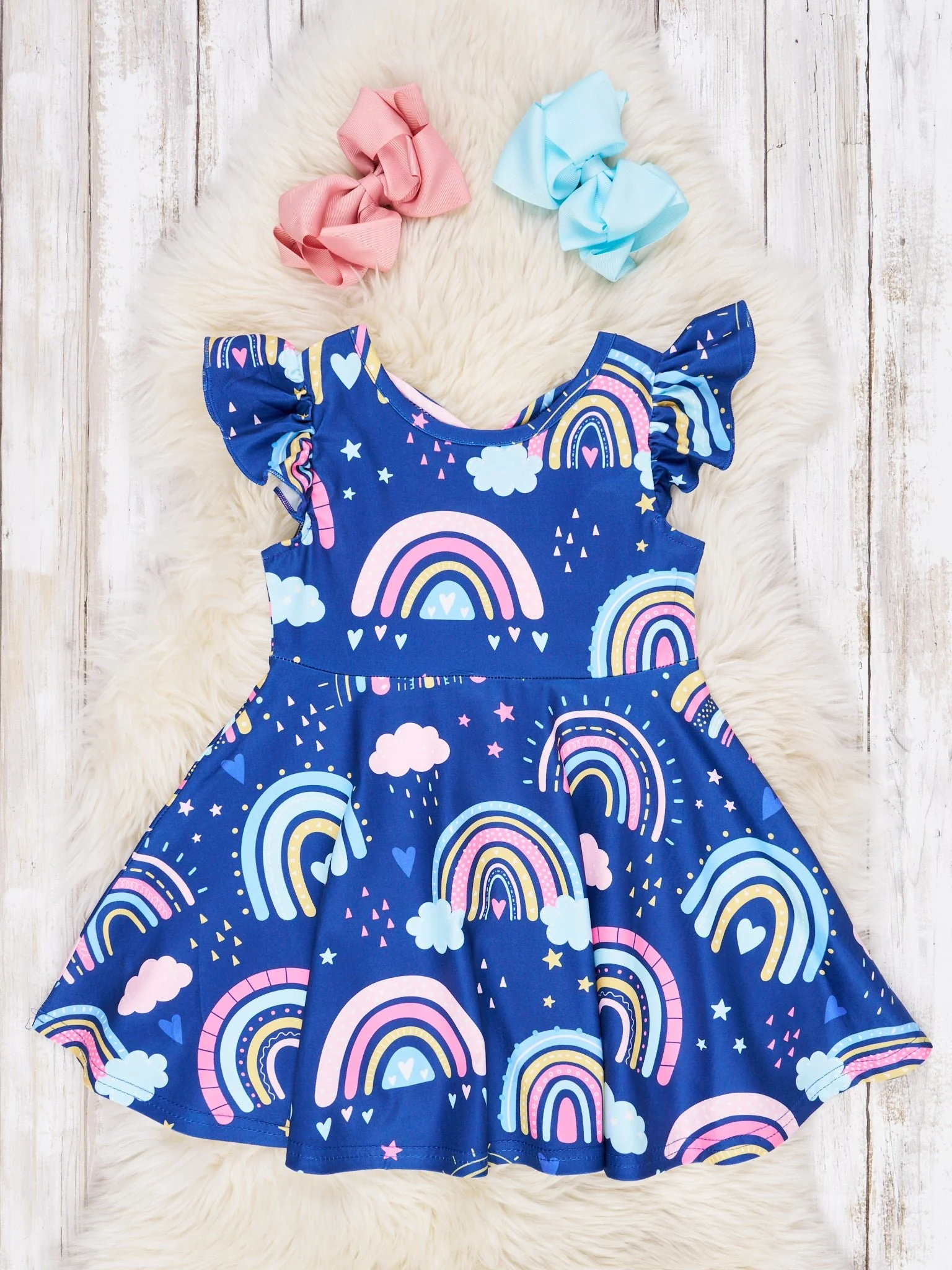 Navy Hearts & Rainbow Ruffle Dress