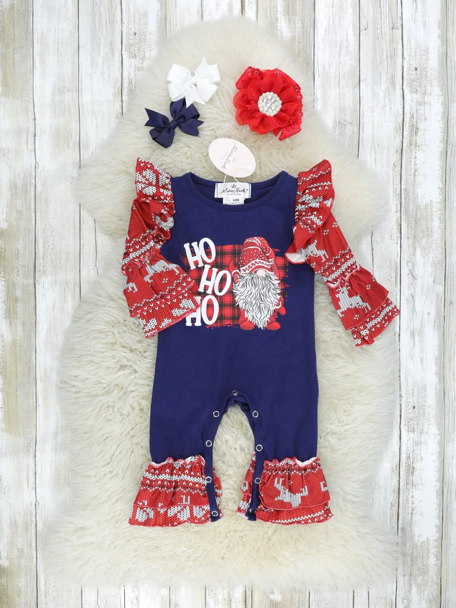 Navy "HO HO HO" Ruffle Raglan Romper