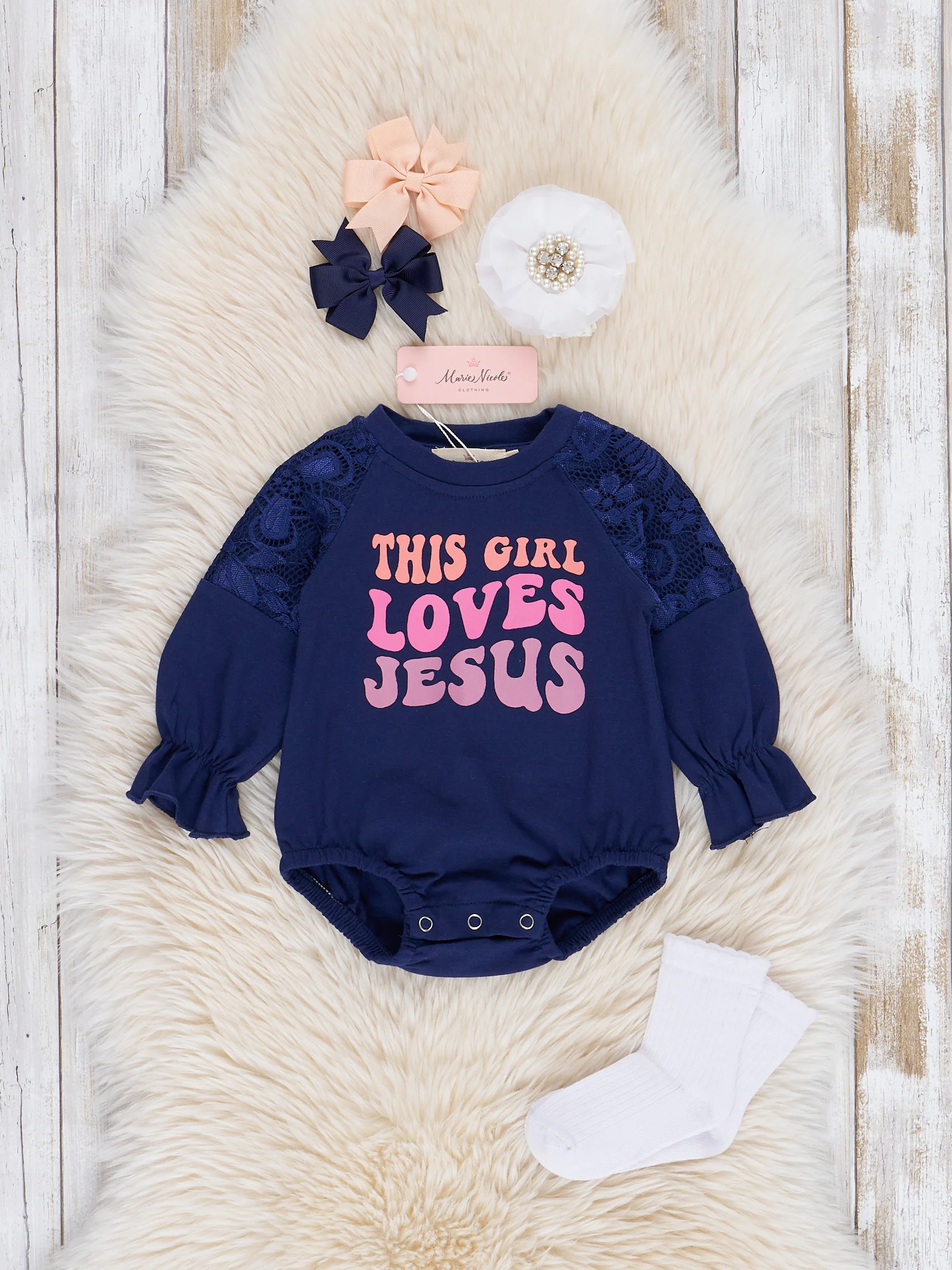 Navy Jesus Love Bubble Romper