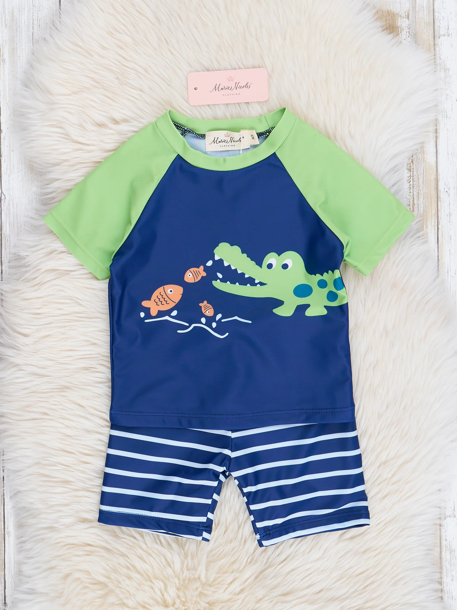 Navy & Lime Alligator Striped Swim Set