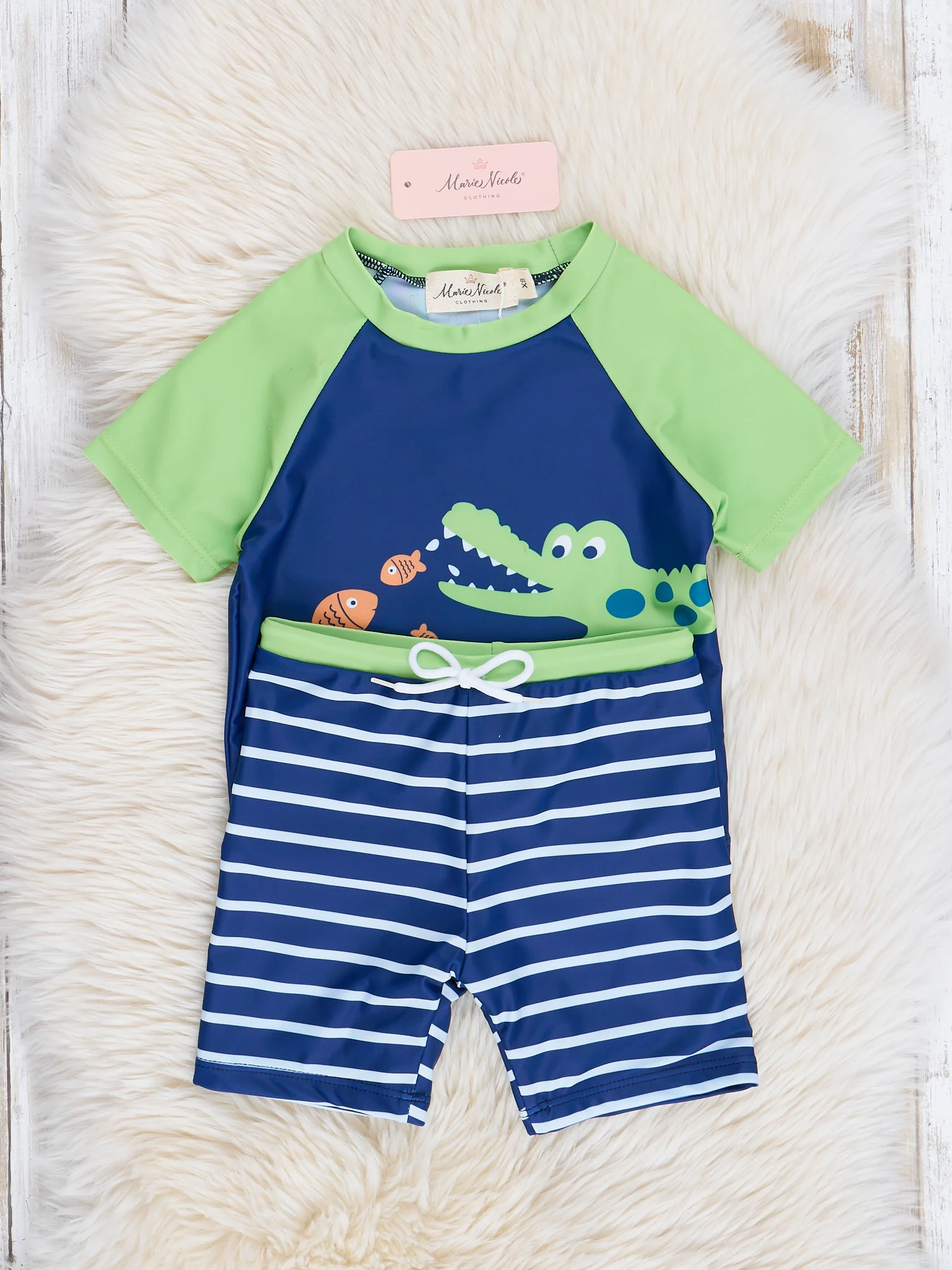 Navy & Lime Alligator Striped Swim Set - Image 2