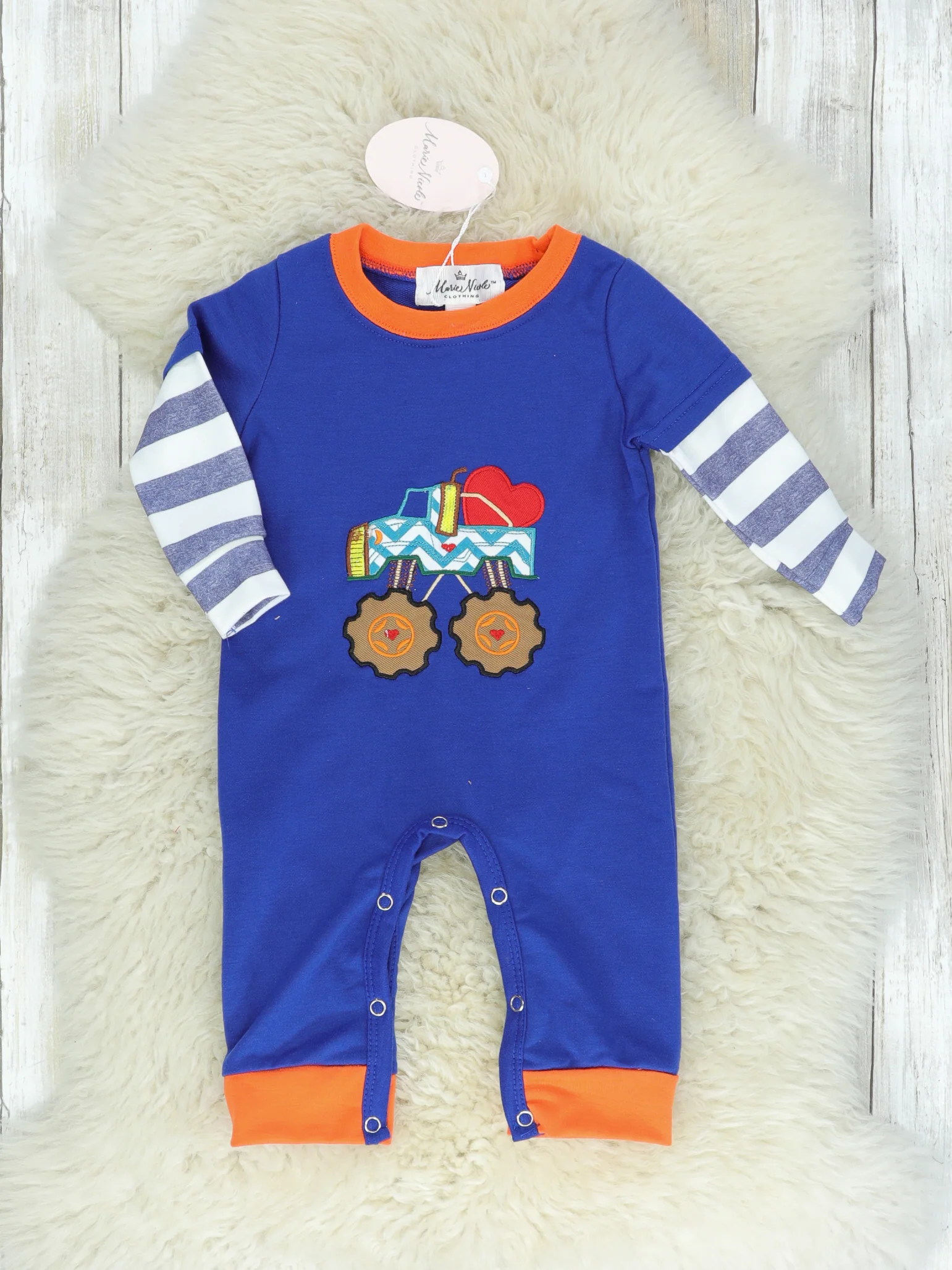 Navy Monster Truck Hearts Romper