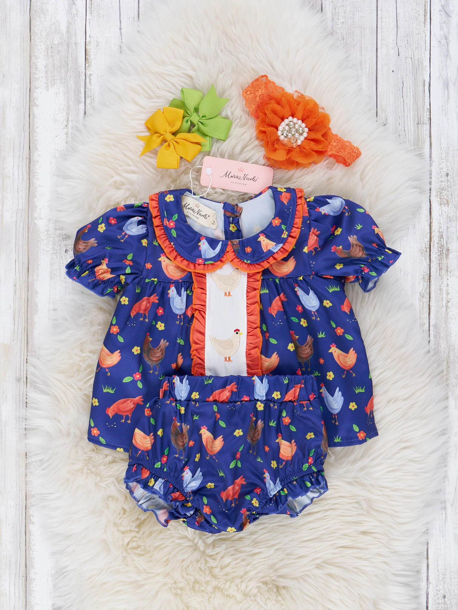 Navy & Orange Embroidered Chicken Ruffle Bloomer Outfit - Image 2