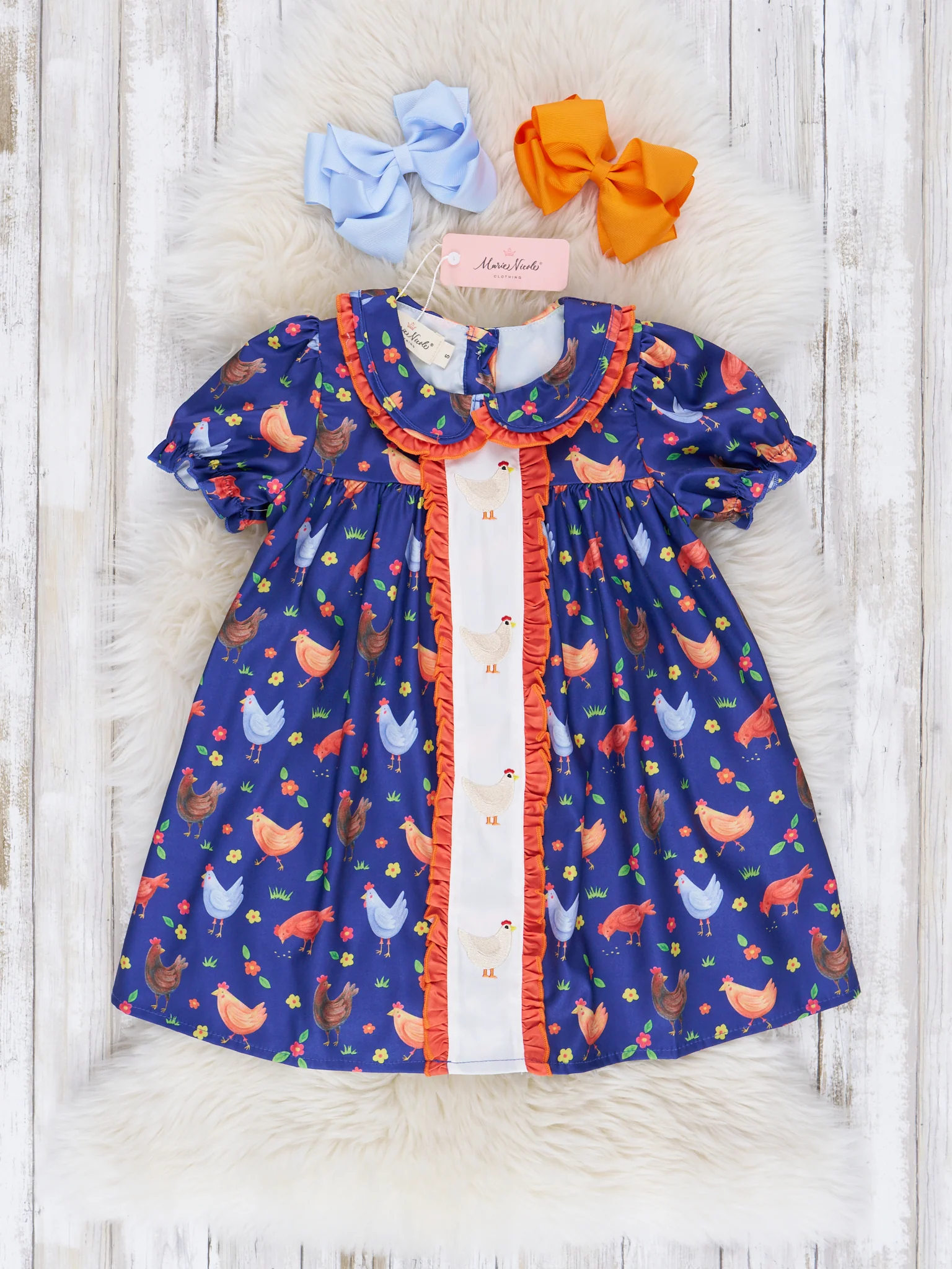 Navy & Orange Embroidered Chicken Ruffle Dress