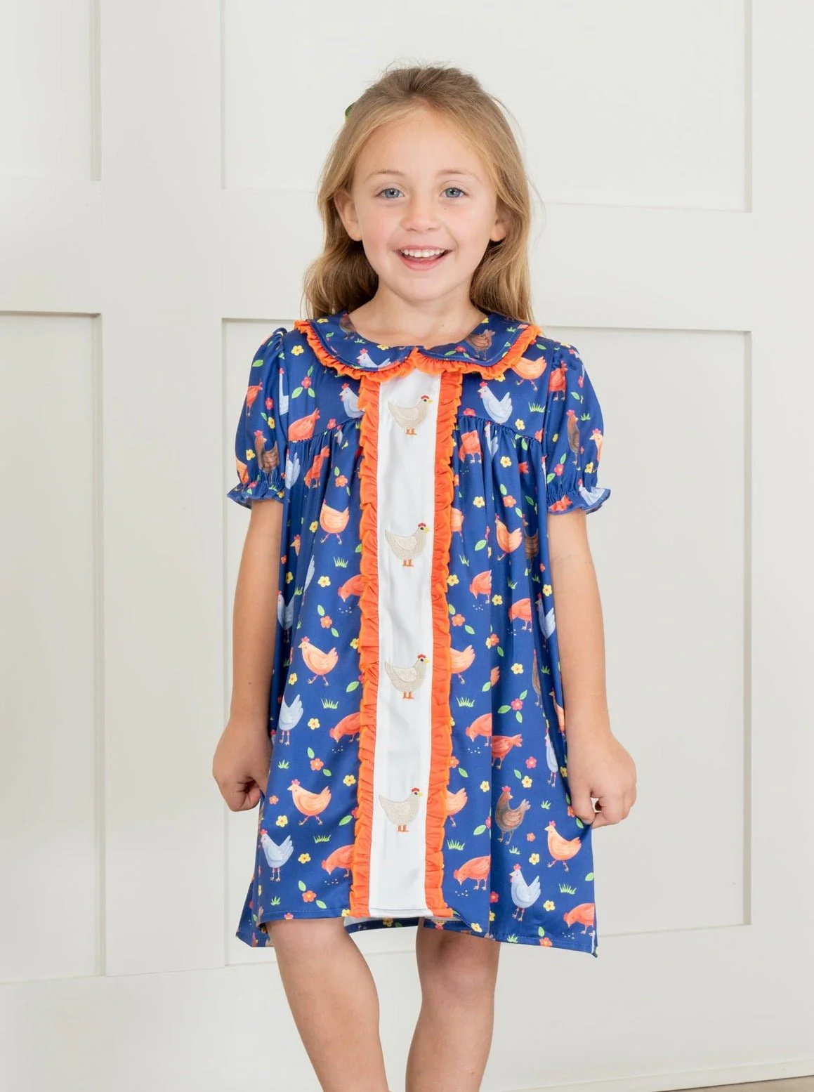 Navy & Orange Embroidered Chicken Ruffle Dress - Image 2