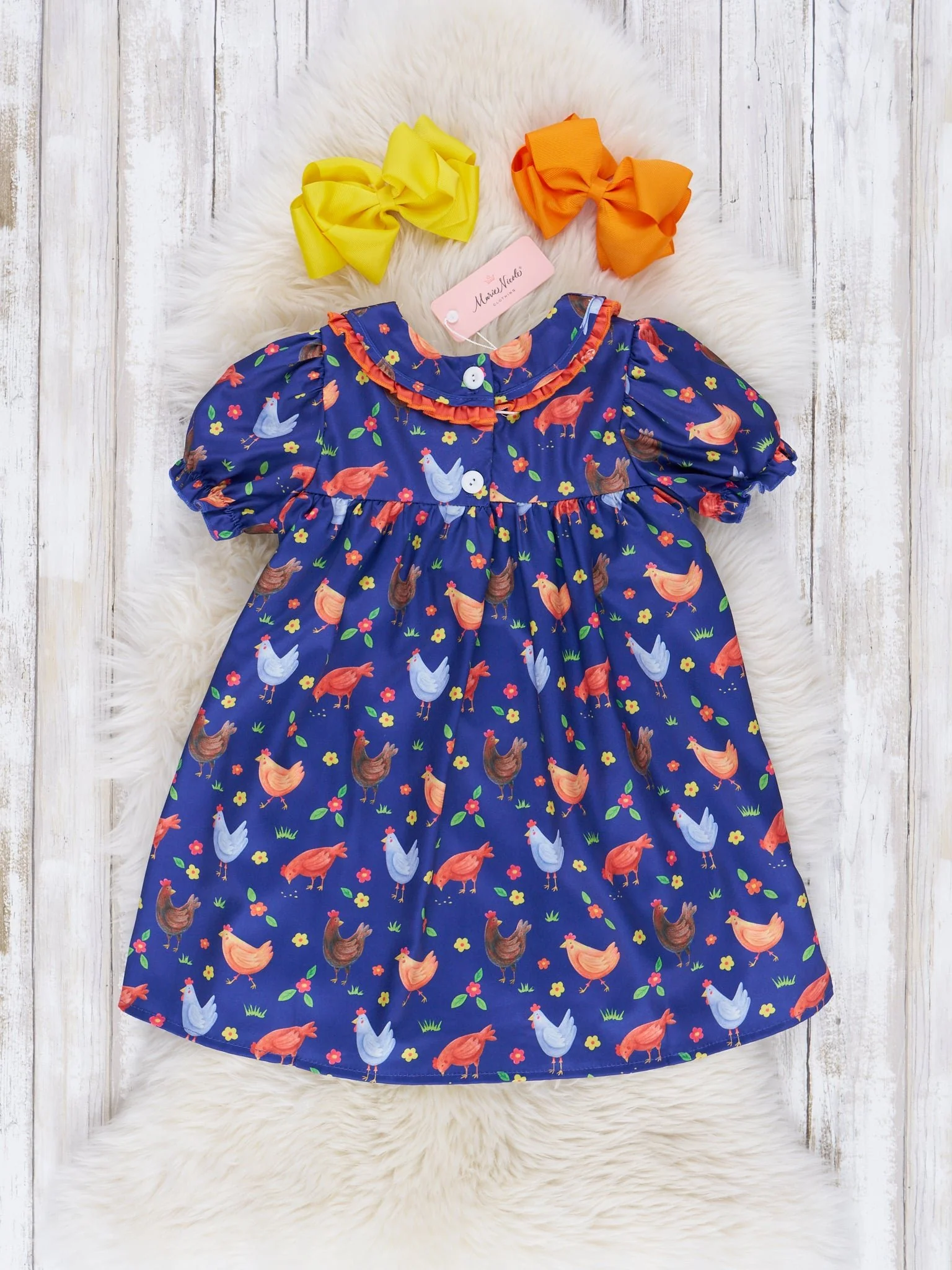 Navy & Orange Embroidered Chicken Ruffle Dress - Image 3