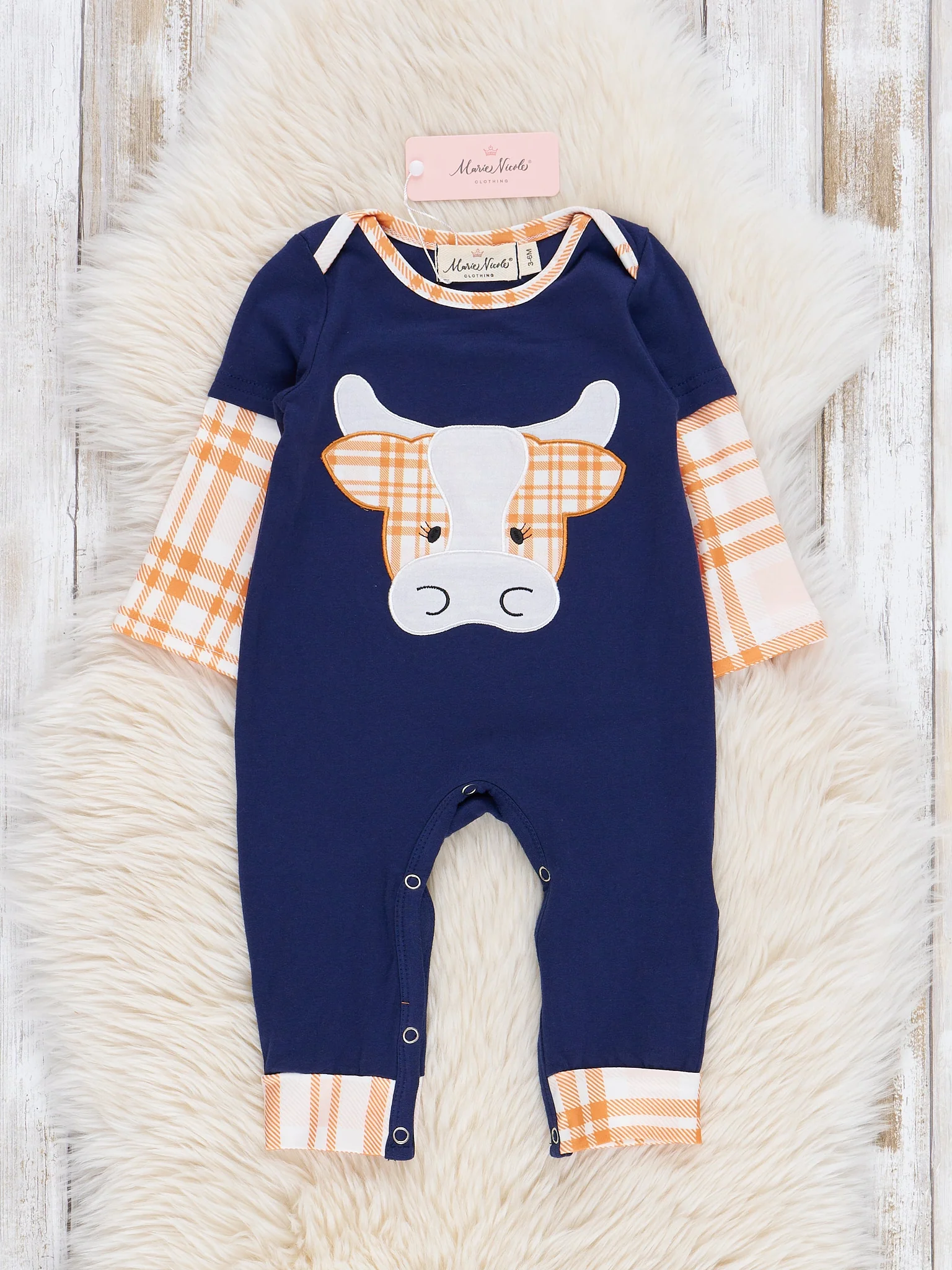 Navy & Orange Plaid Embroidered Cow Romper
