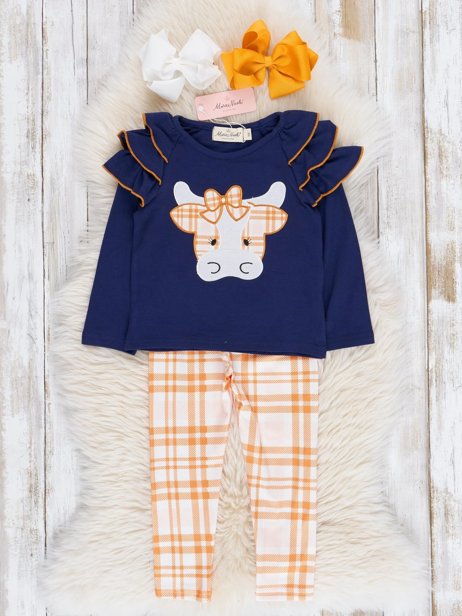 Navy & Orange Plaid Embroidered Cow Ruffle Outfit