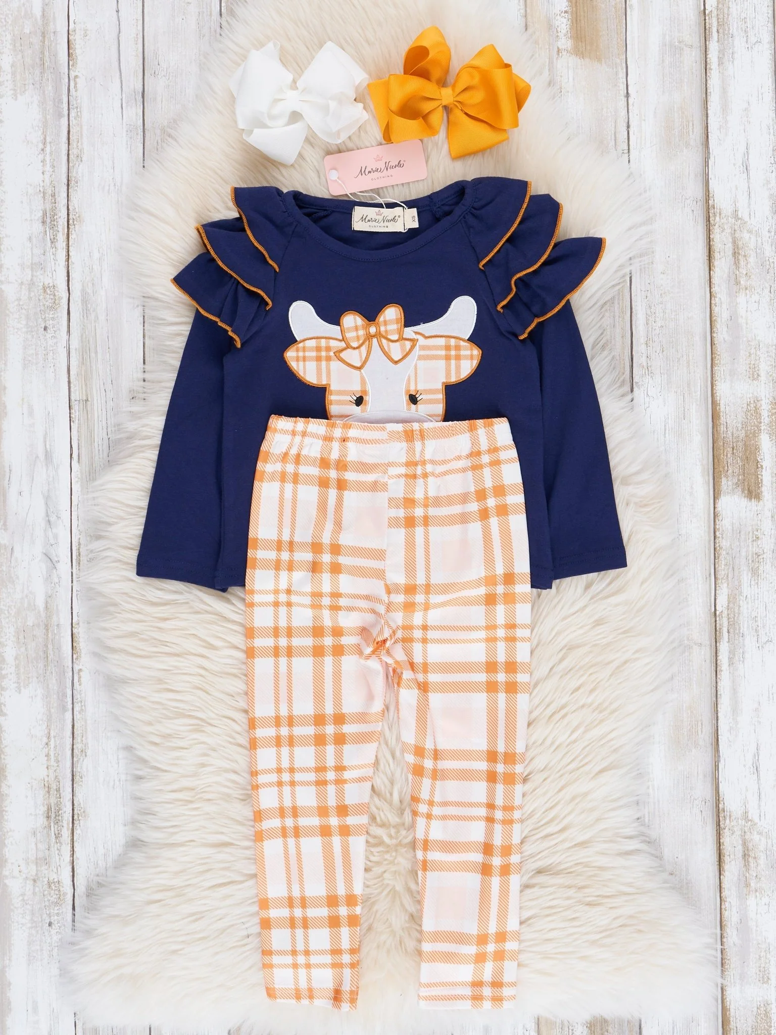 Navy & Orange Plaid Embroidered Cow Ruffle Outfit - Image 2