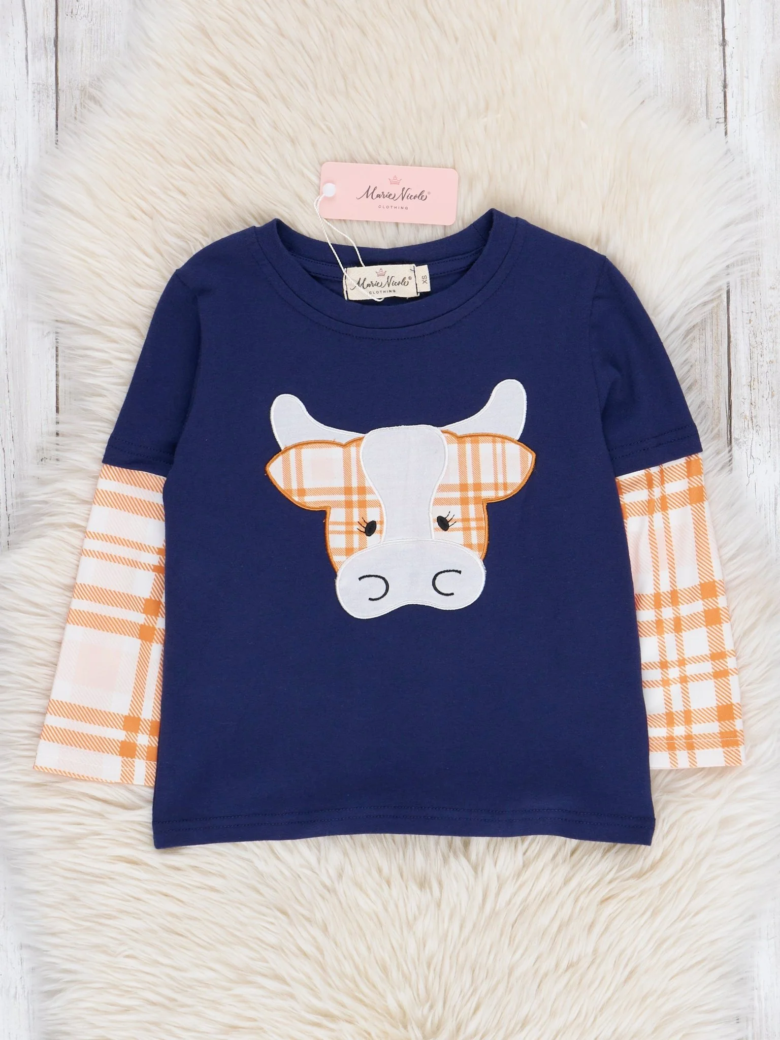 Navy & Orange Plaid Embroidered Cow Shirt