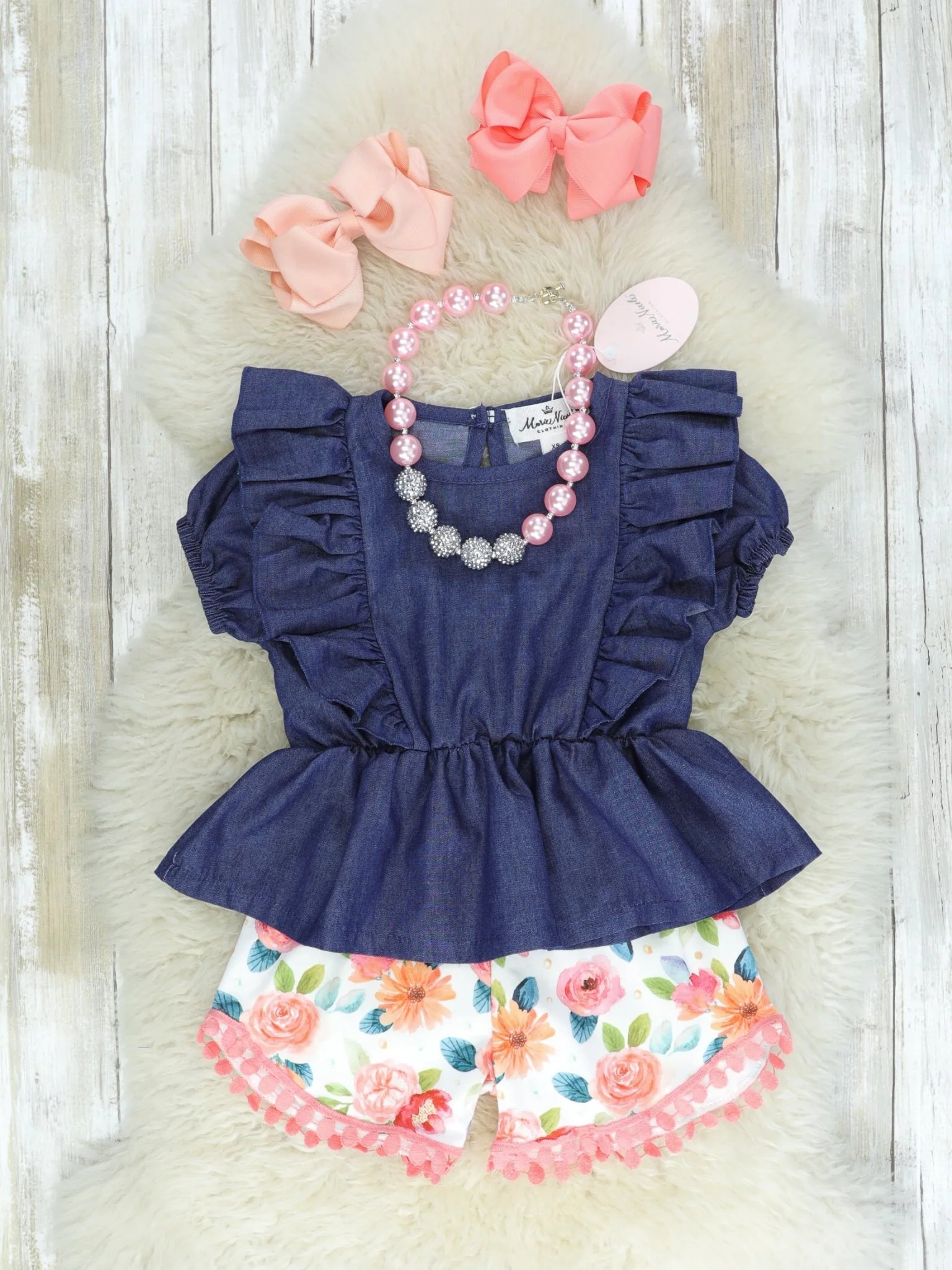 Navy & Pink Floral Ruffle Shorts Outfit