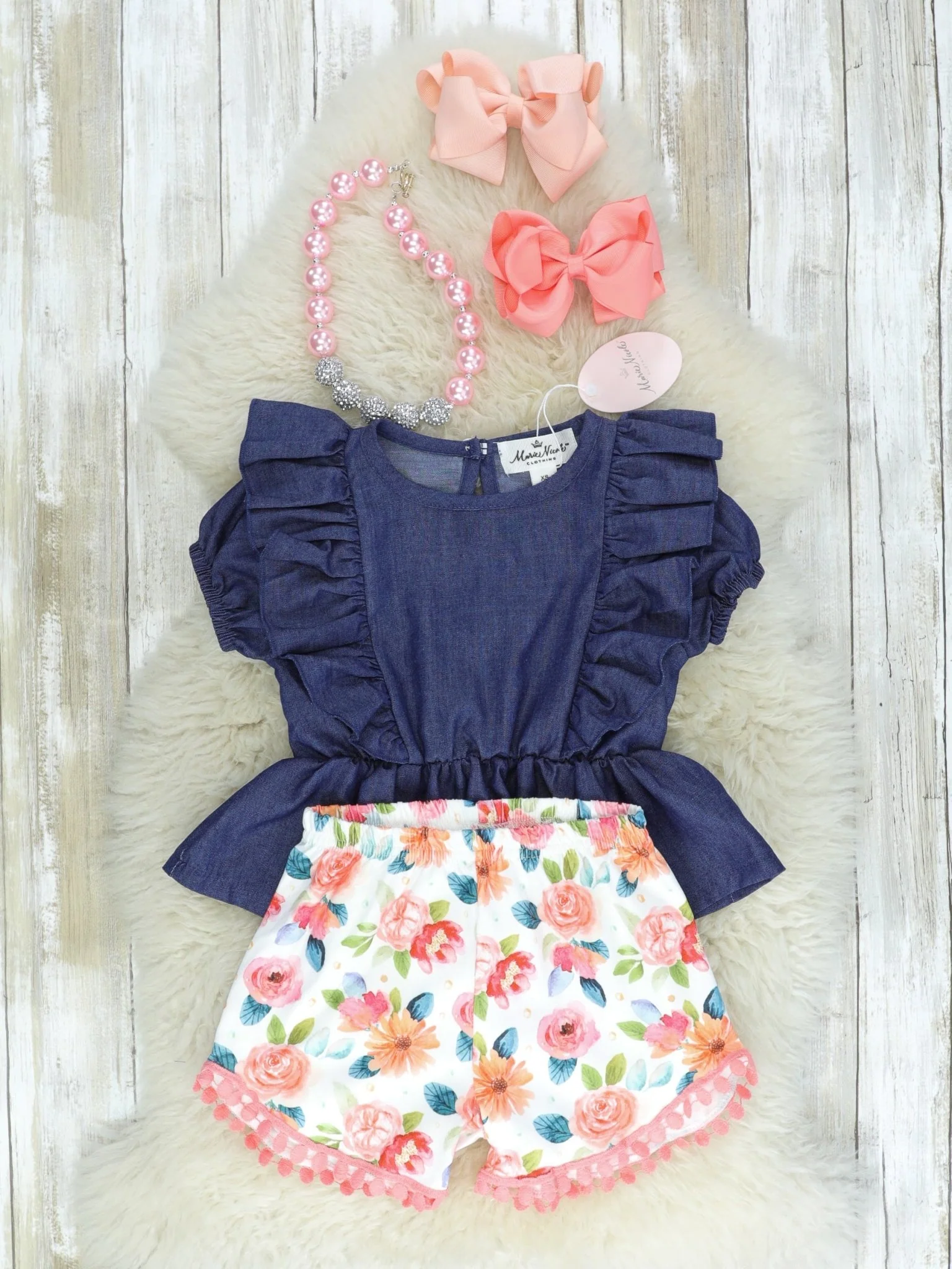 Navy & Pink Floral Ruffle Shorts Outfit - Image 2