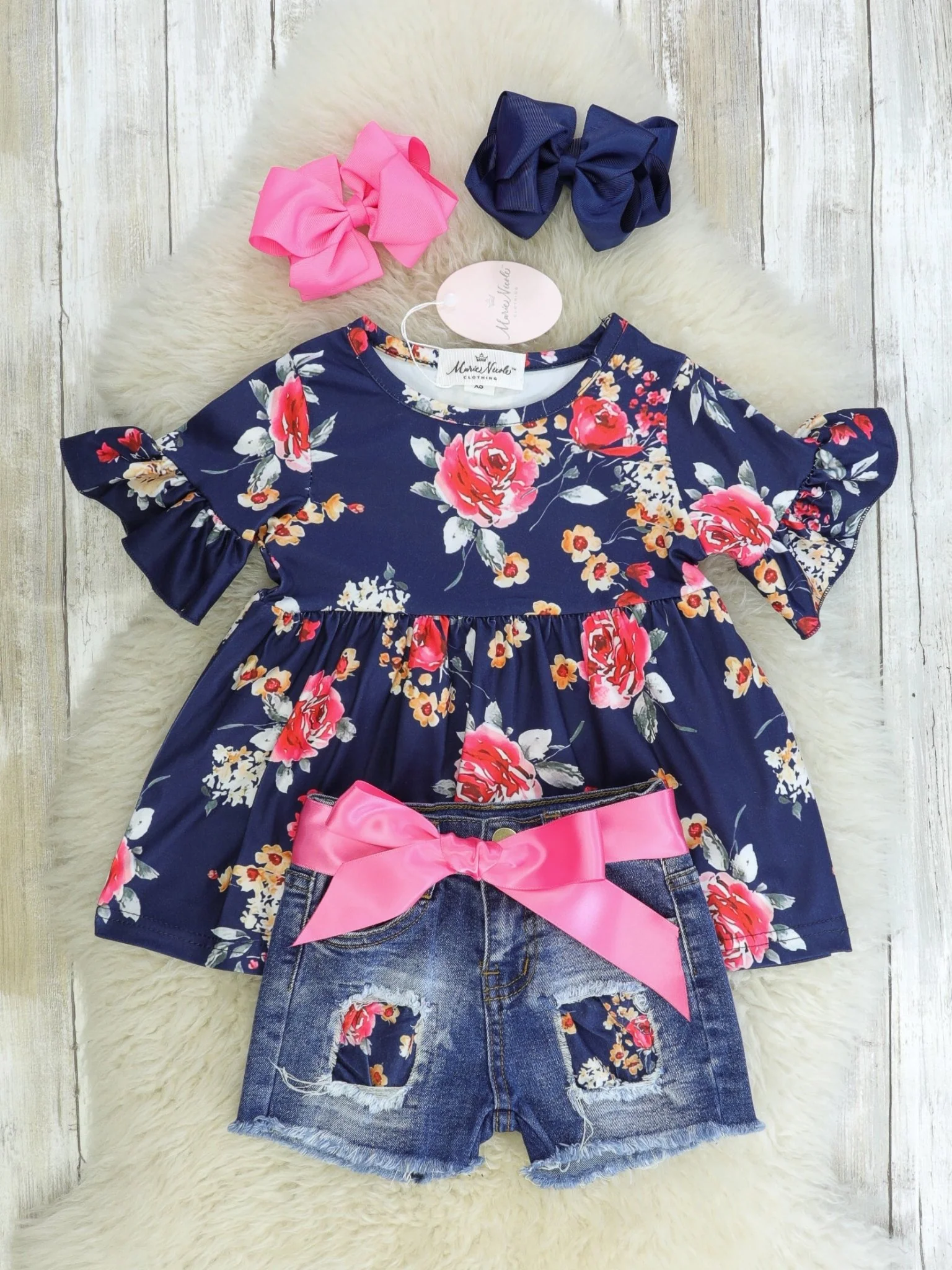 Navy & Pink Floral Tunic & Distressed Denim Shorts Outfit - Image 2