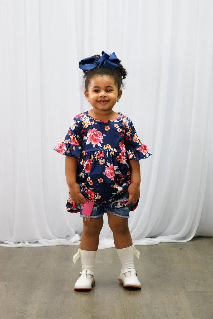 Navy & Pink Floral Tunic & Distressed Denim Shorts Outfit - Image 3