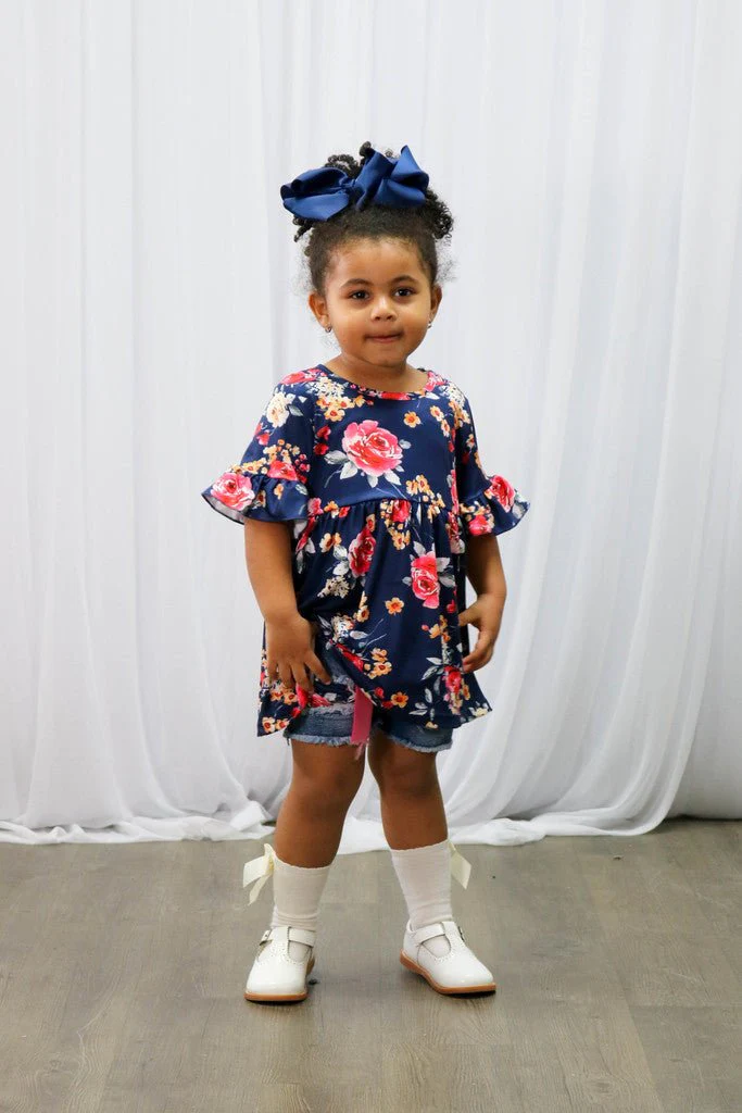 Navy & Pink Floral Tunic & Distressed Denim Shorts Outfit - Image 4
