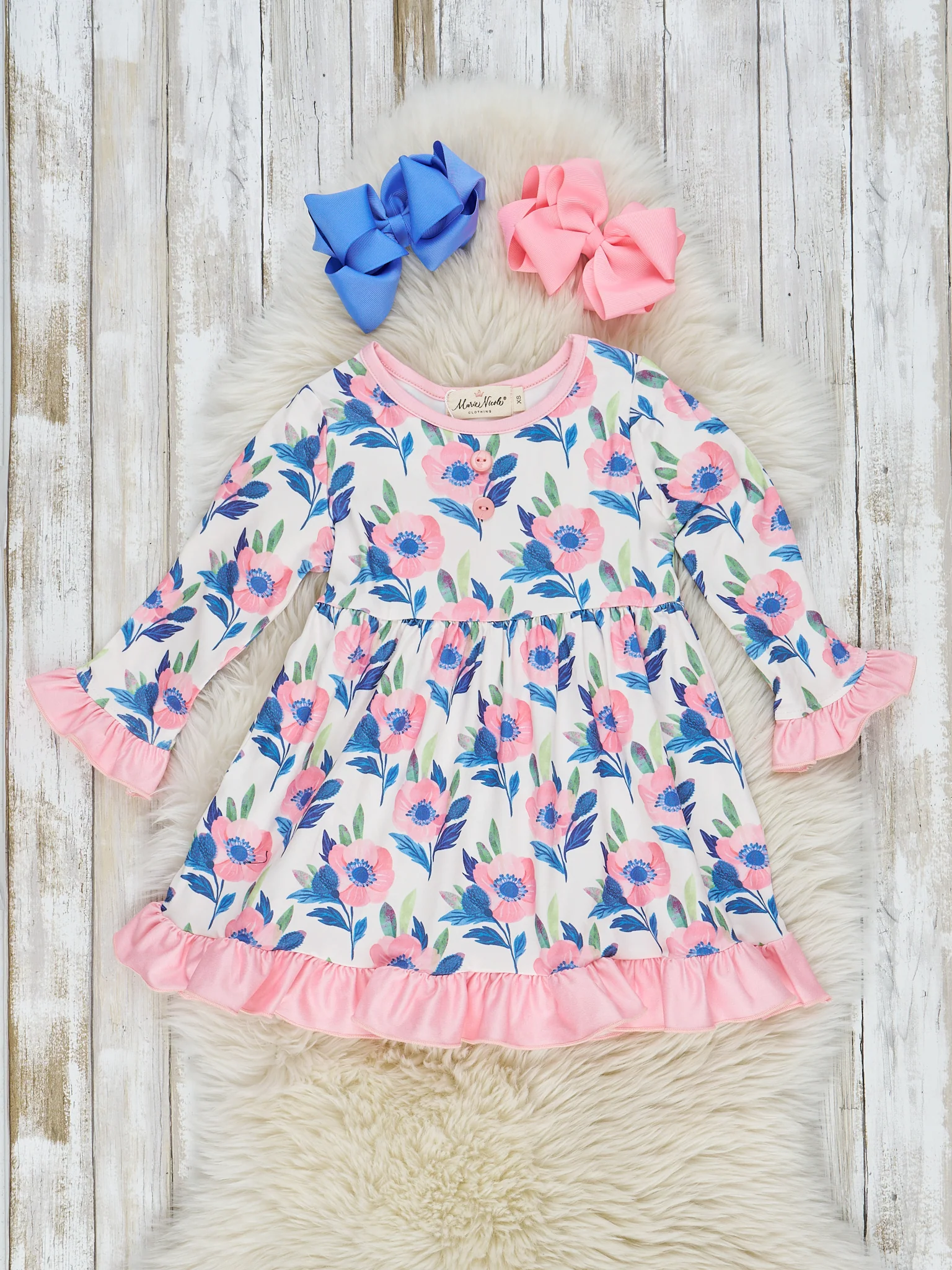 Navy & Pink Watercolor Ruffle Dress