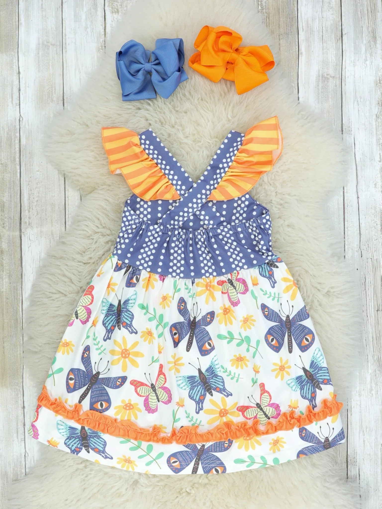 Navy Polka Dot Butterfly Ruffle Dress - Image 2