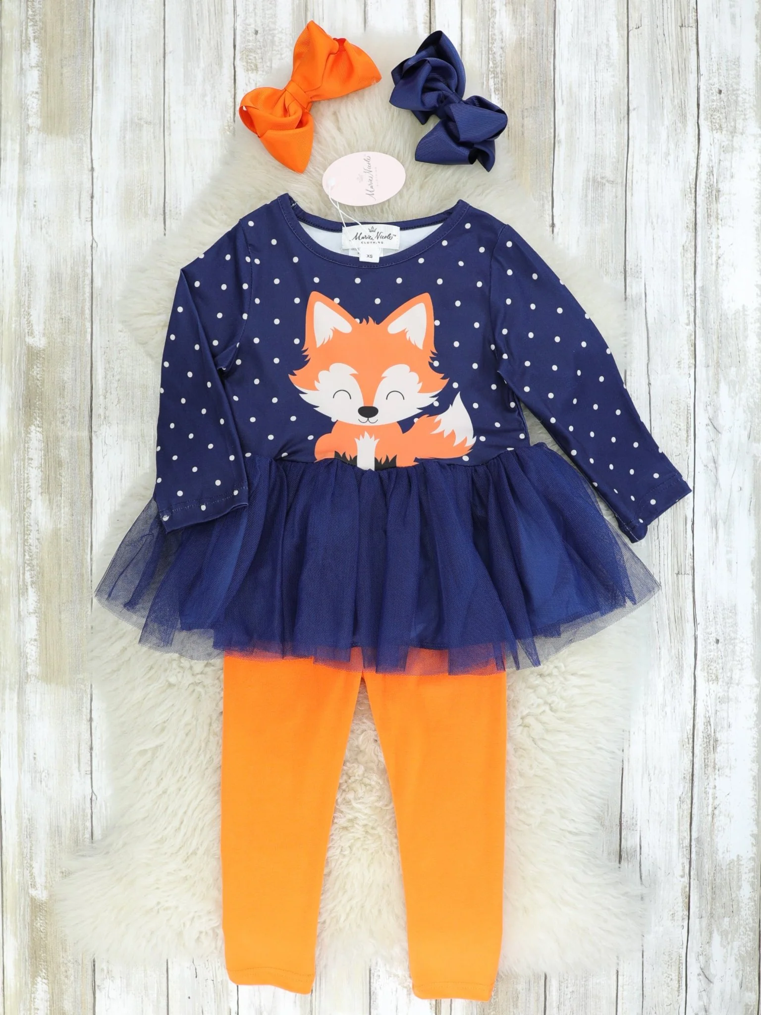 Navy Polka Dot Fox Tulle Top & Orange Bottoms Outfit