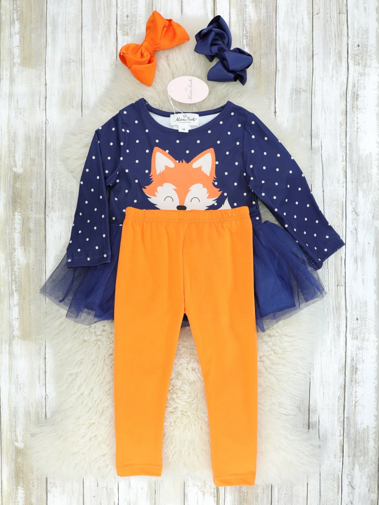 Navy Polka Dot Fox Tulle Top & Orange Bottoms Outfit - Image 2