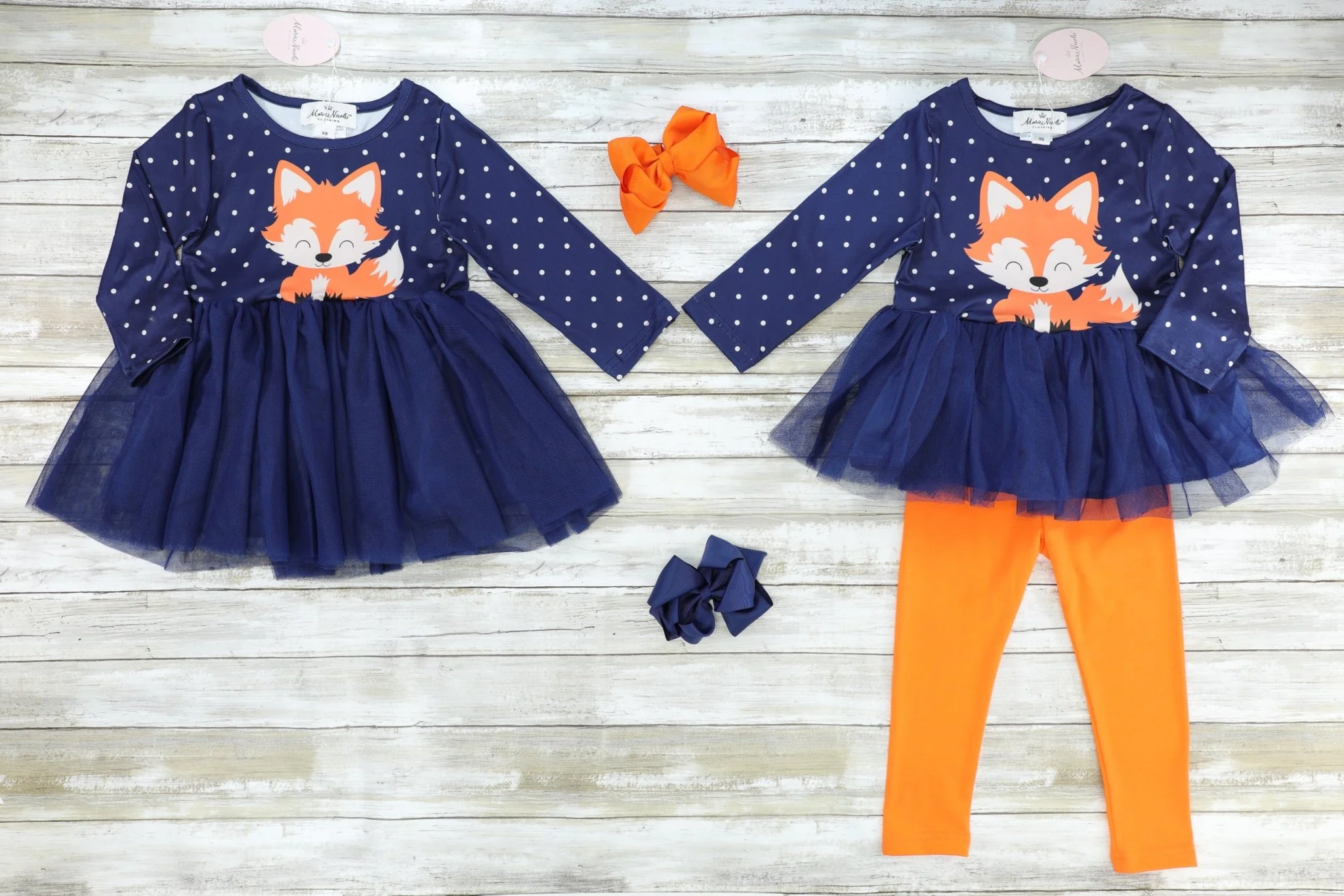Navy Polka Dot Fox Tulle Top & Orange Bottoms Outfit - Image 3
