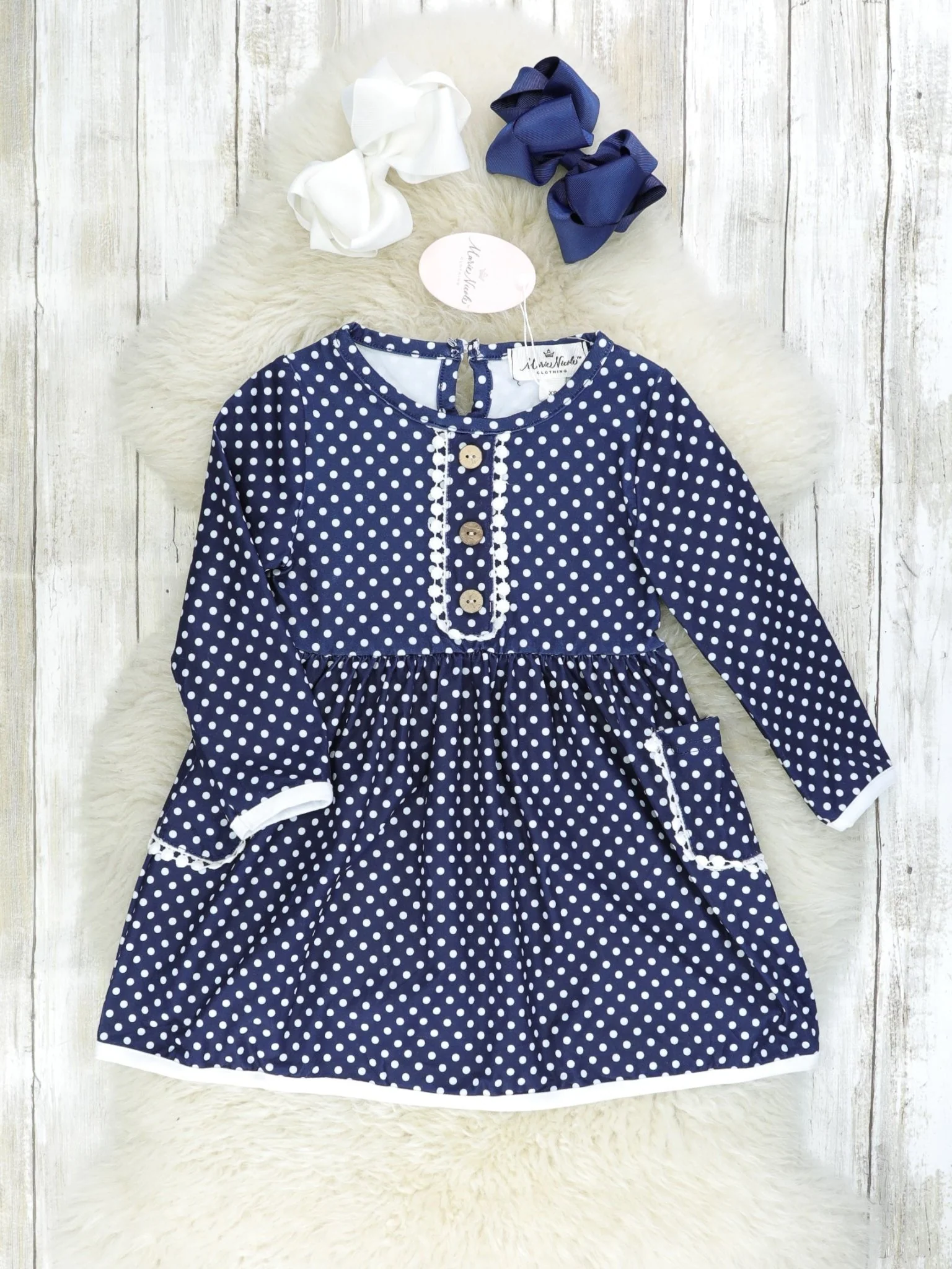 Navy Polka Dot Pom Pom Pocket Dress