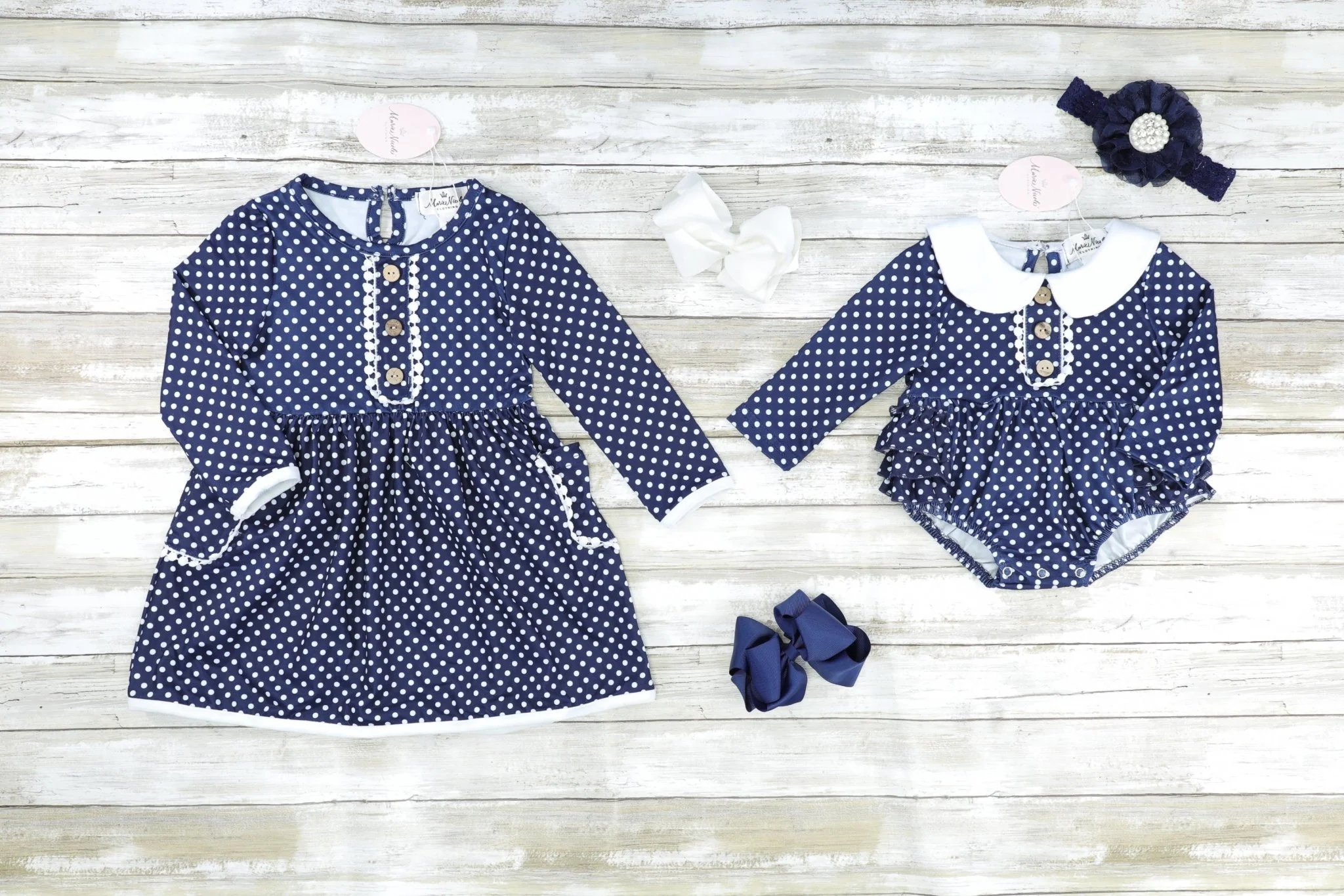Navy Polka Dot Pom Pom Pocket Dress - Image 2