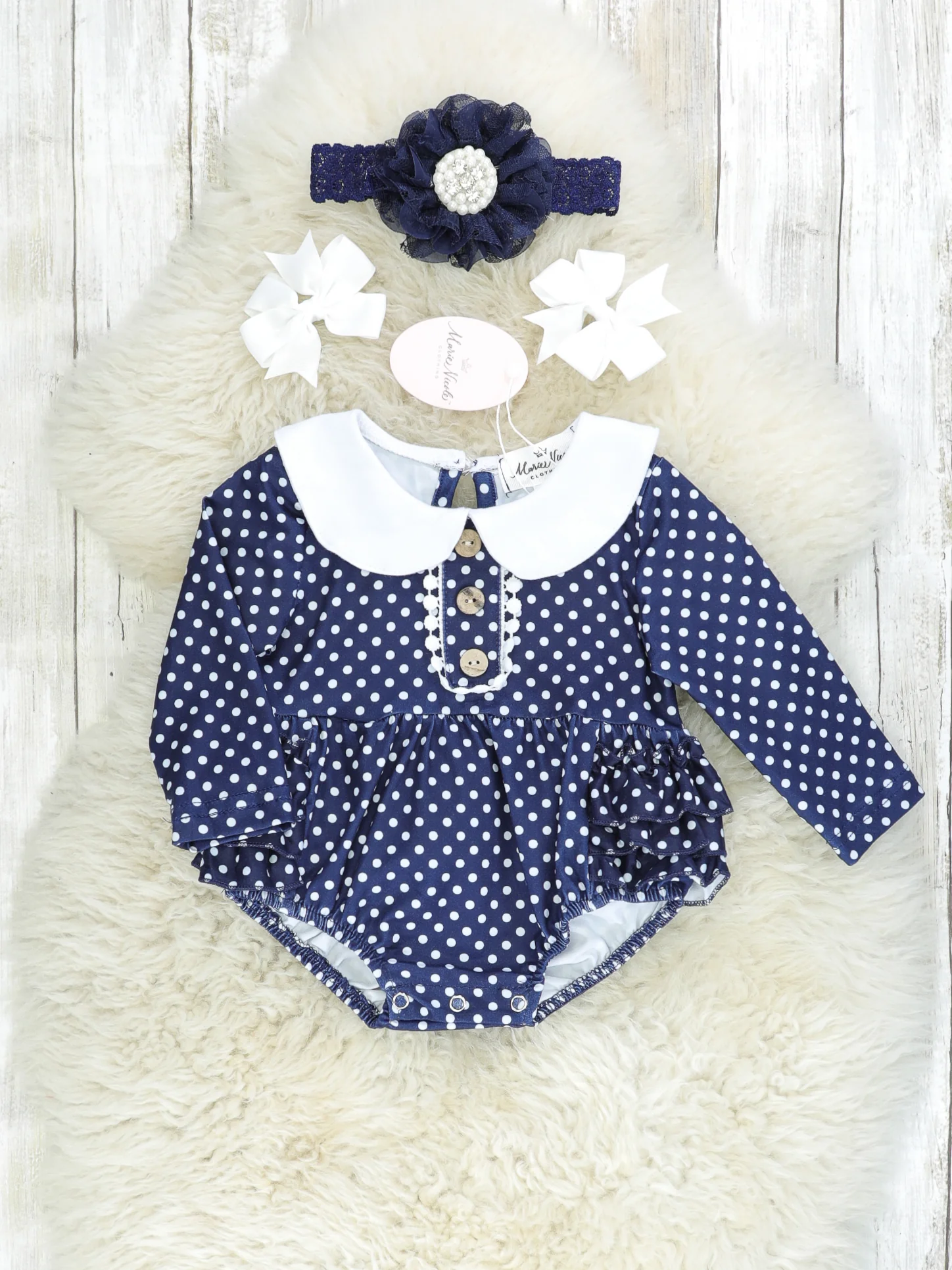 Navy Polka Dot Ruffle Bubble Romper